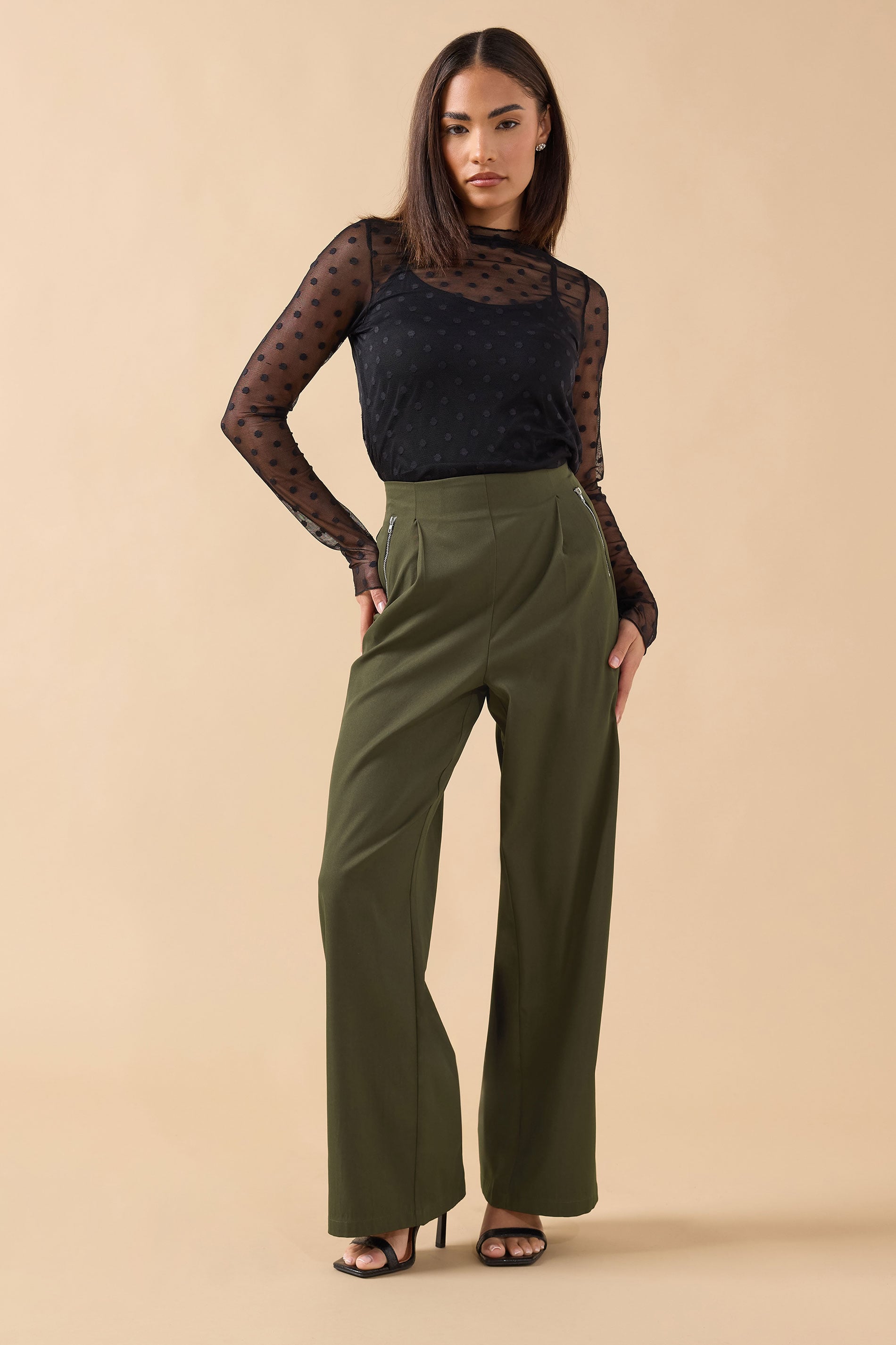 PixieGirl Petite Women's Khaki Green Zip Pleated Trousers | PixieGirl 3