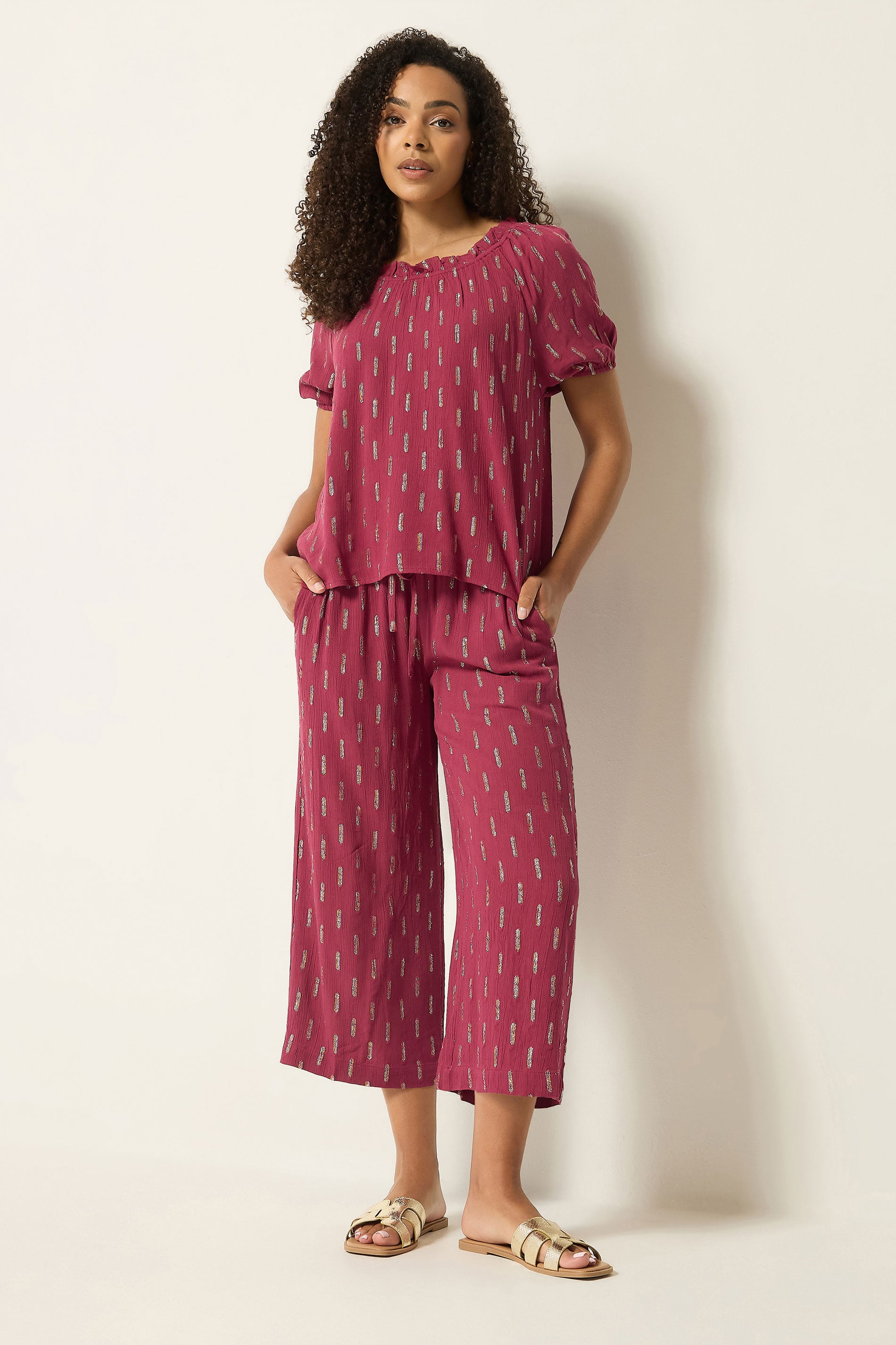 M&Co Berry Red Foil Cropped Trousers | M&Co 3