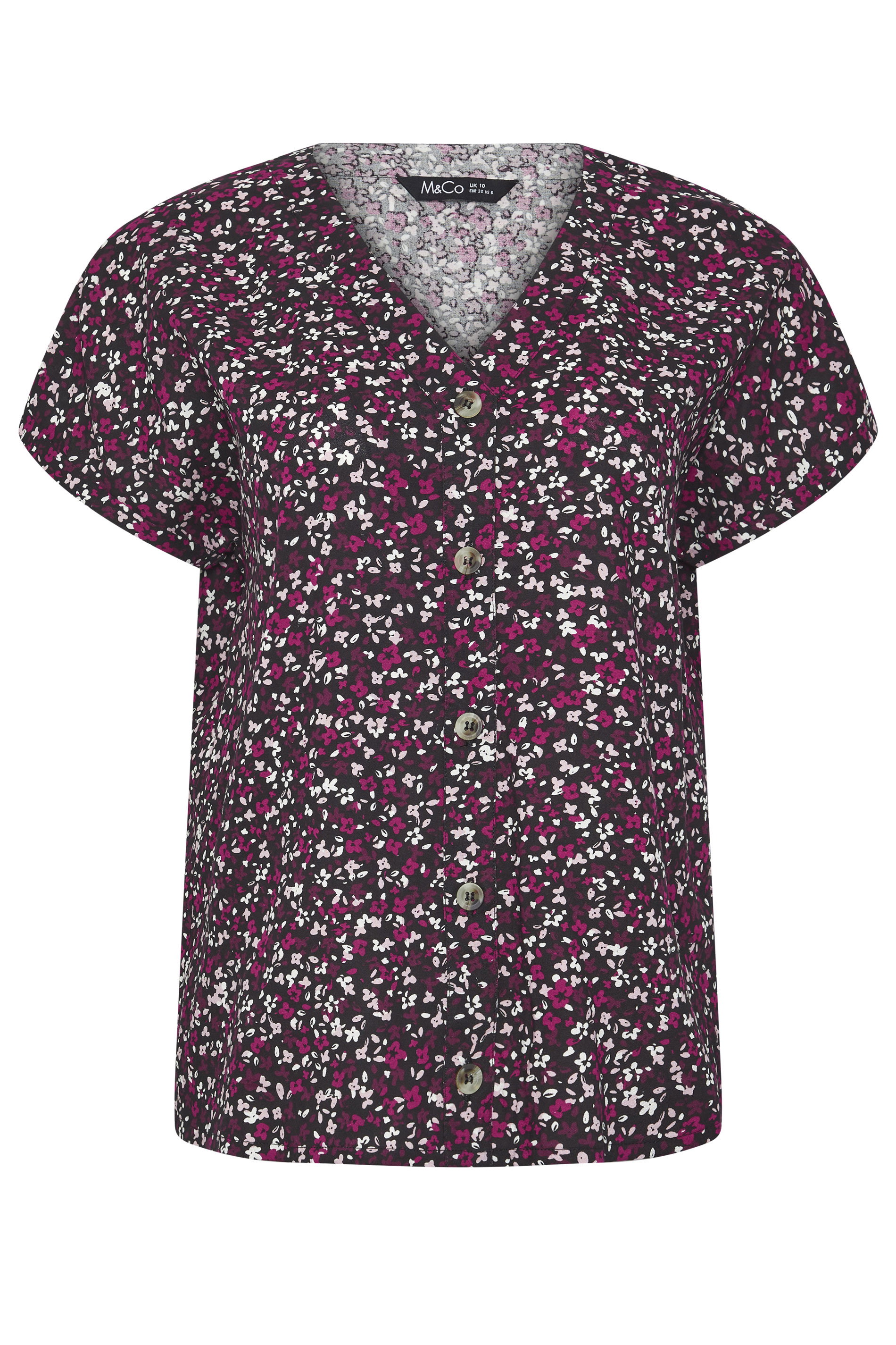 M&Co Berry Purple Ditsy Floral Print Button Front Blouse | M&Co 5