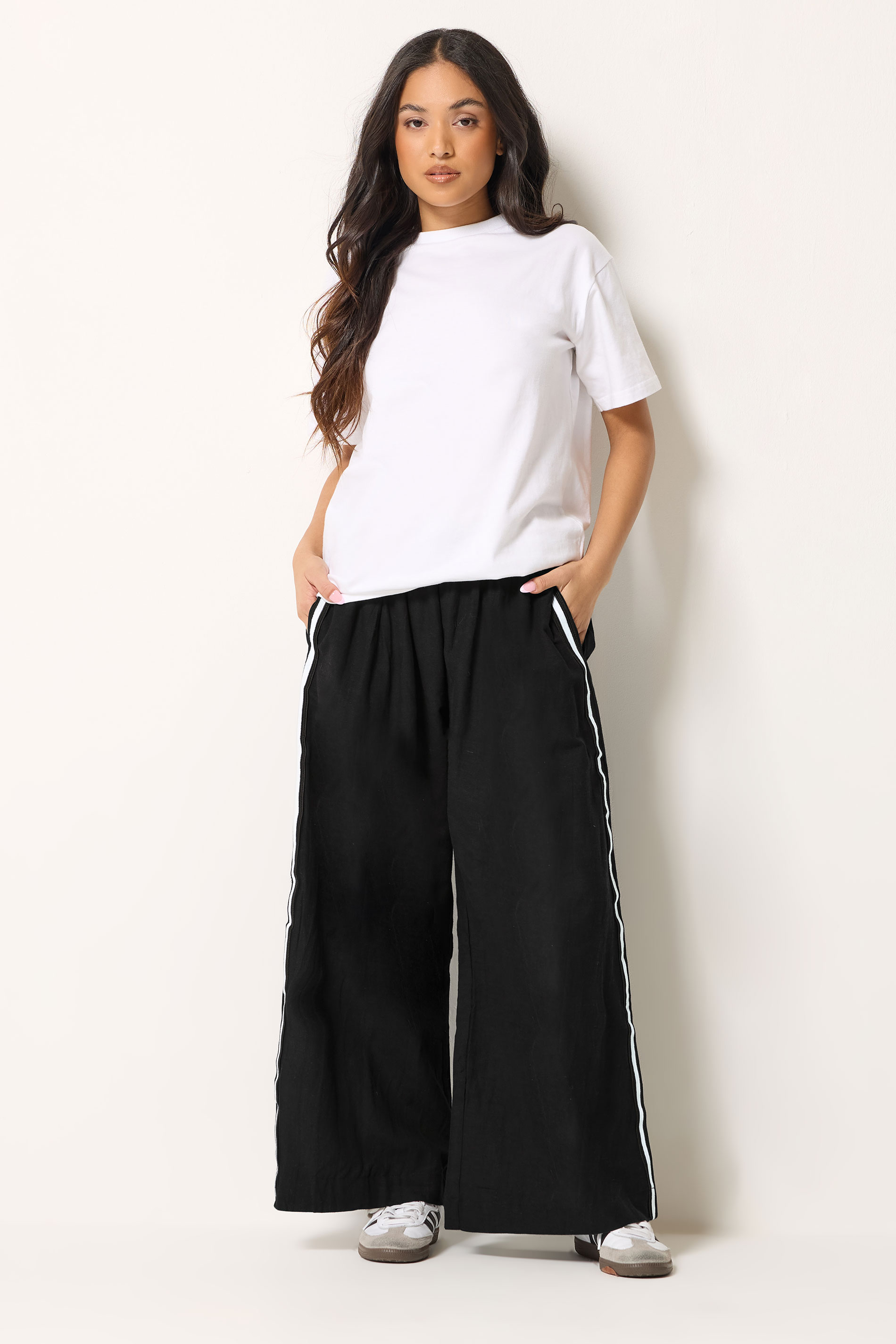 PxieGirl Petite Women's Black Side Stripe Linen Wide Leg Trousers | PixieGirl 3
