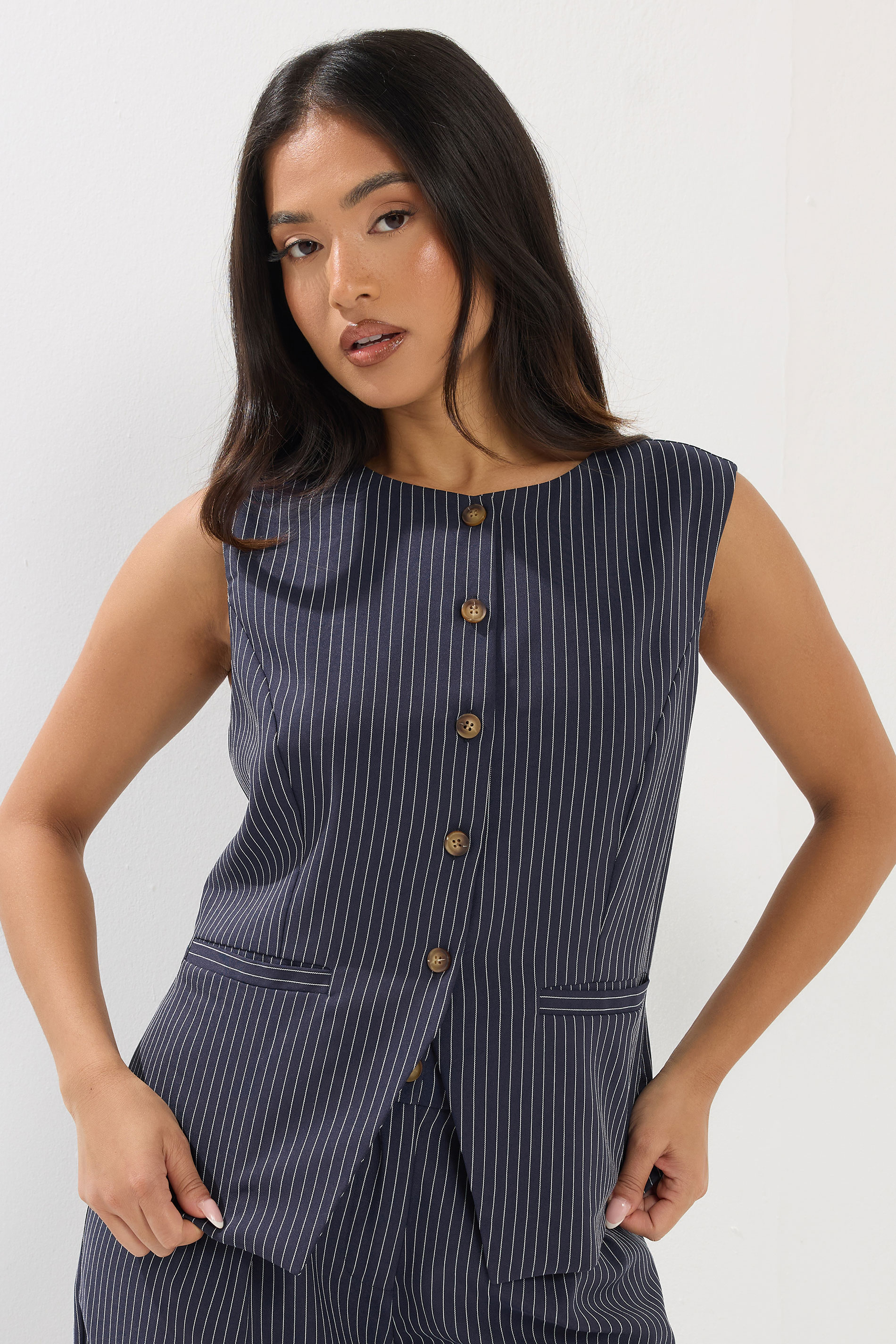 PixieGirl Petite Women's Navy Blue Pinstripe Waistcoat | PixieGirl 3