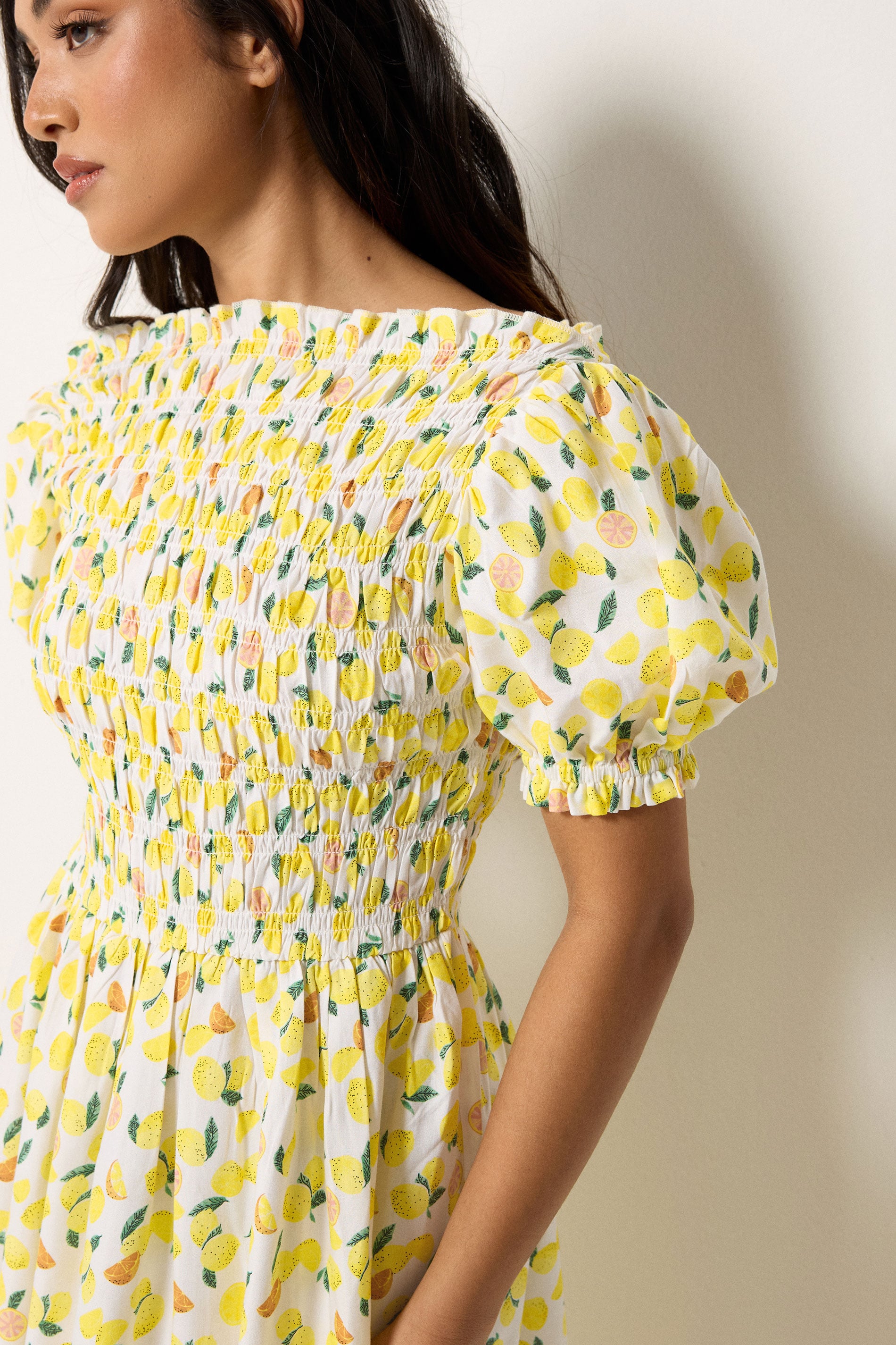 PixieGirl Petite Women's Yellow Lemon Shirred Midi Dress | PixieGirl 4