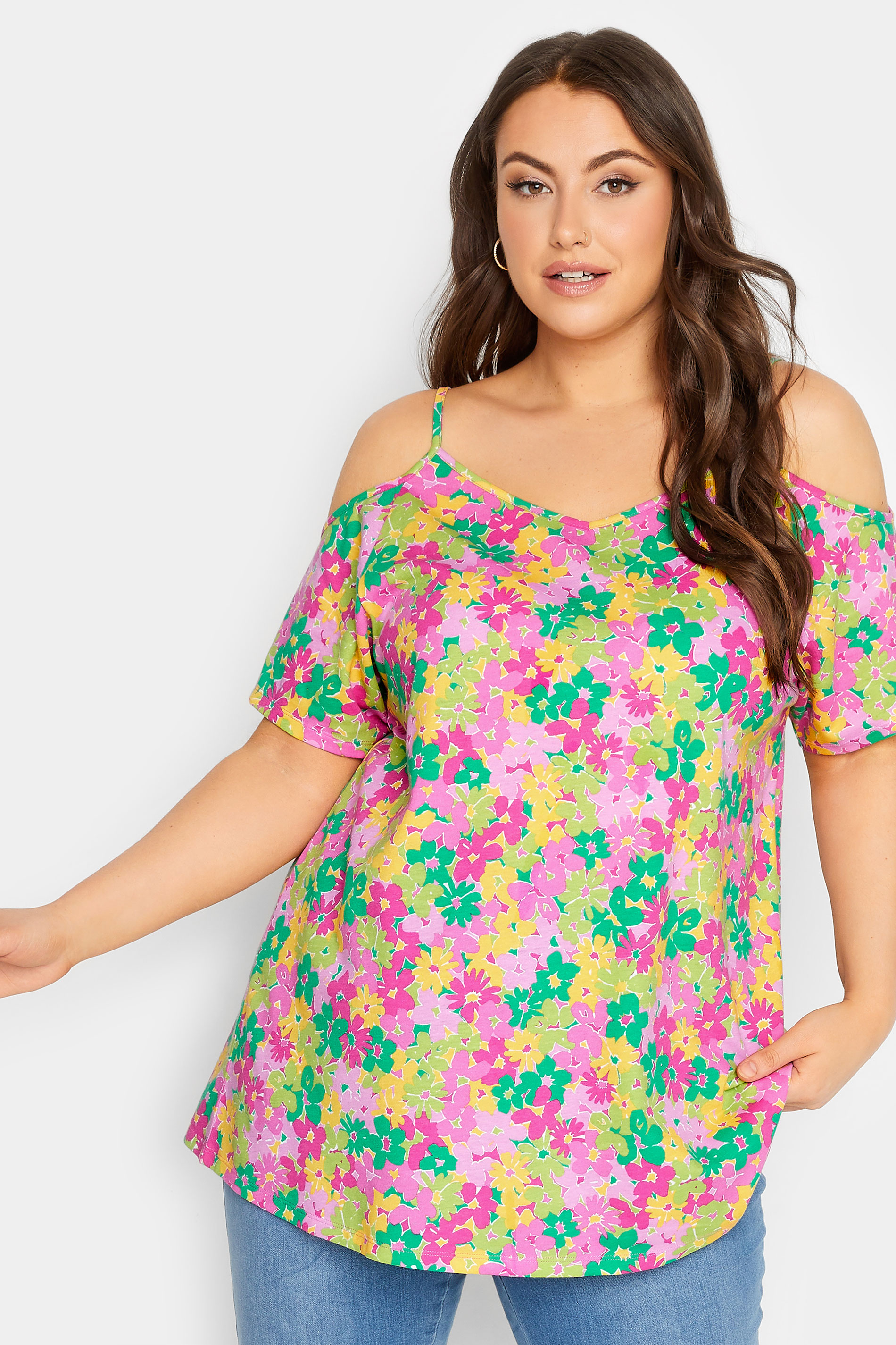 YOURS Curve Plus Size Pink Floral Cold Shoulder T-Shirt | Yours Clothing  1