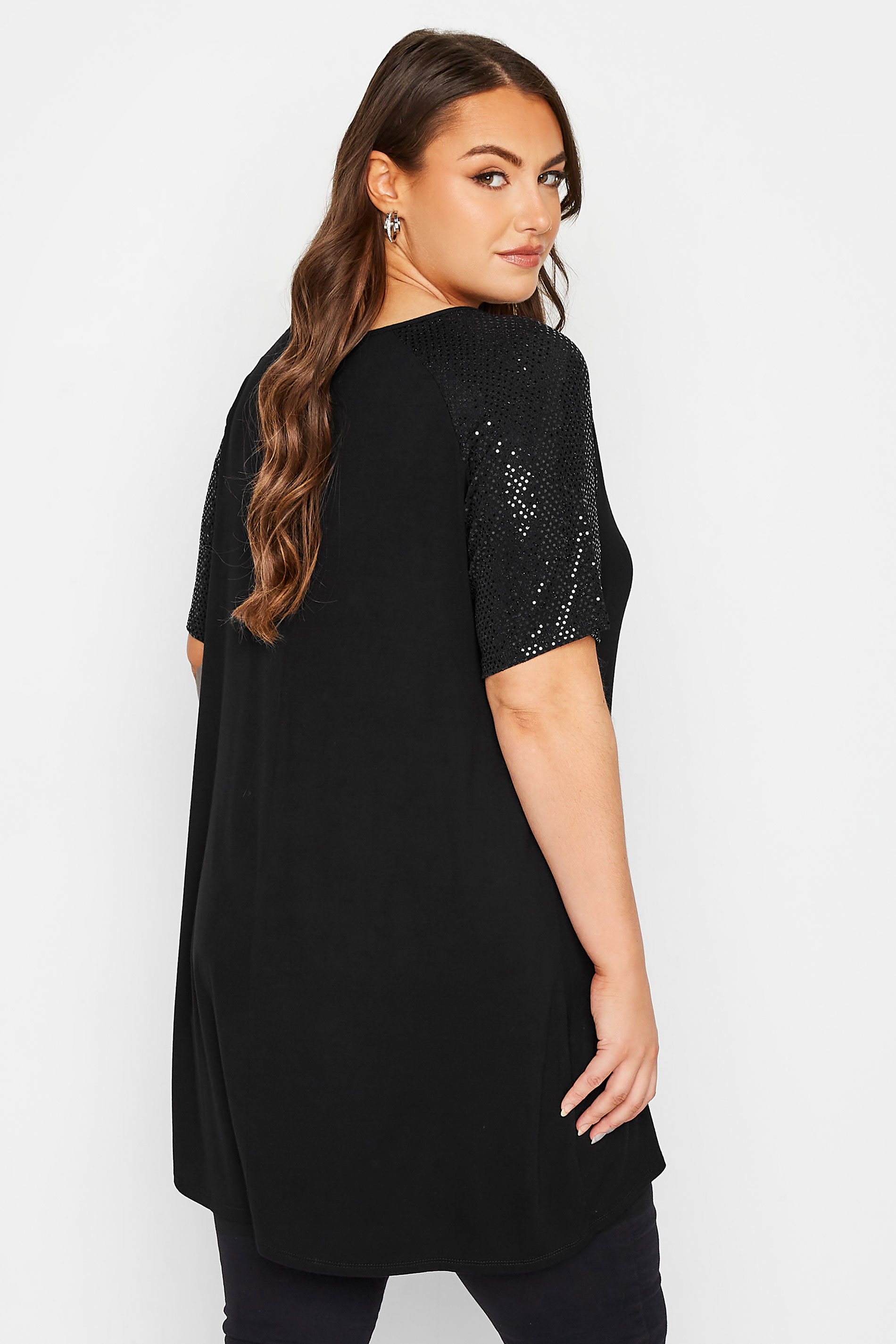 Plus Size Black Sequin Shoulder T-Shirt | Yours Clothing