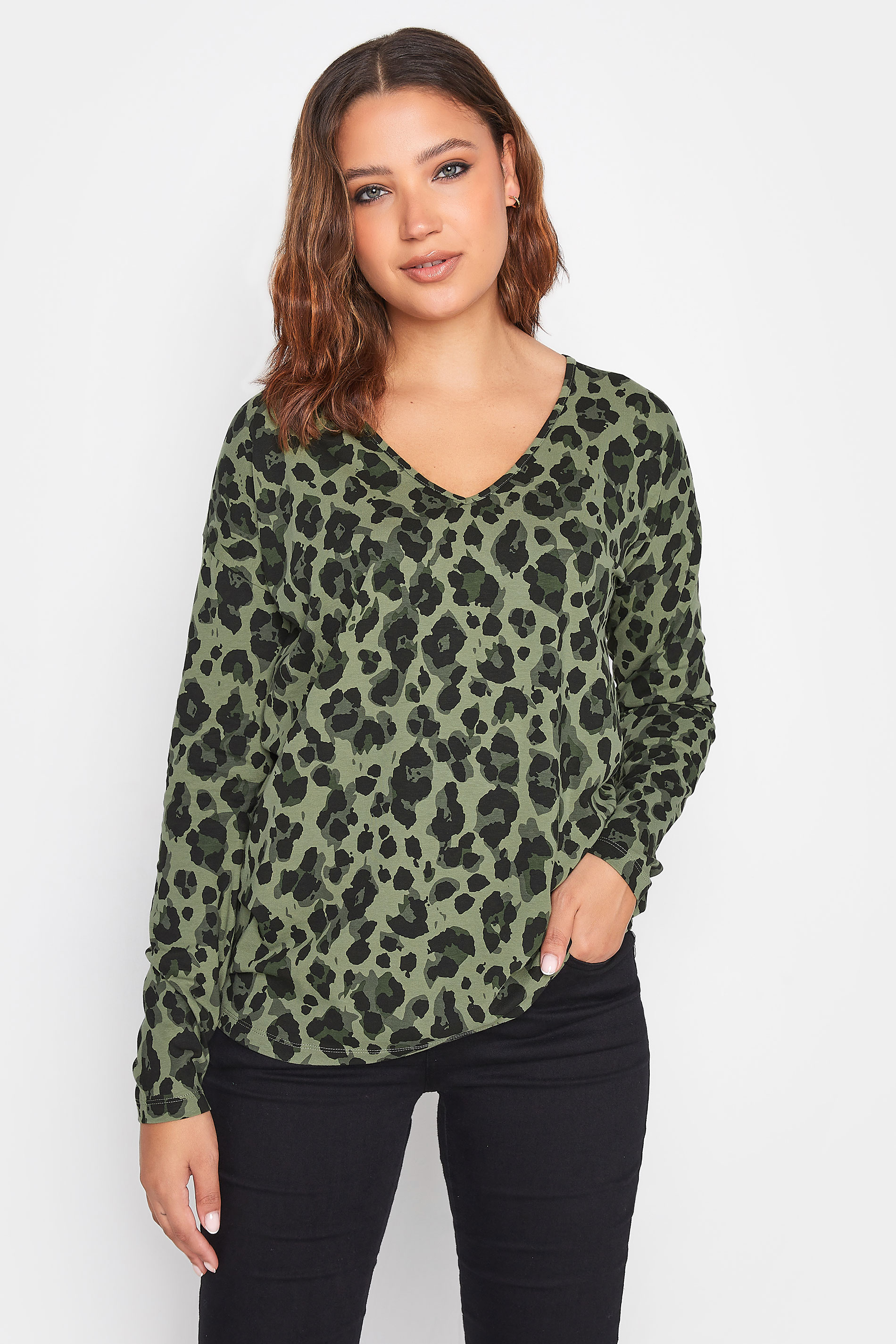 LTS Tall Women's Khaki Green Leopard Print Top | Long Tall Sally 1