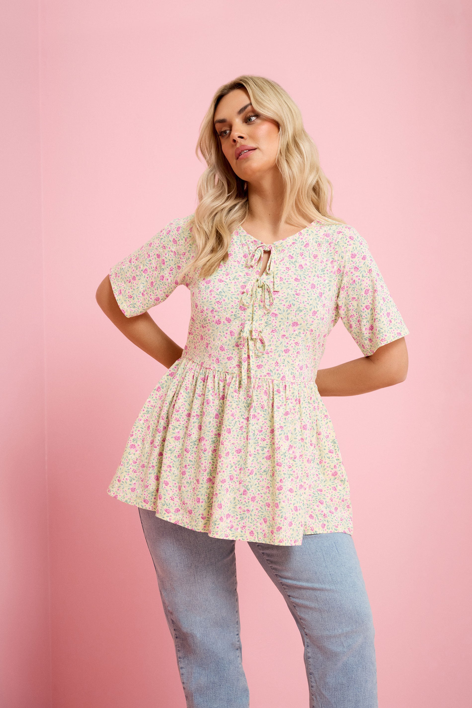YOURS Plus Size Ivory White Floral Bow Front Peplum Top | Yours Clothing 1