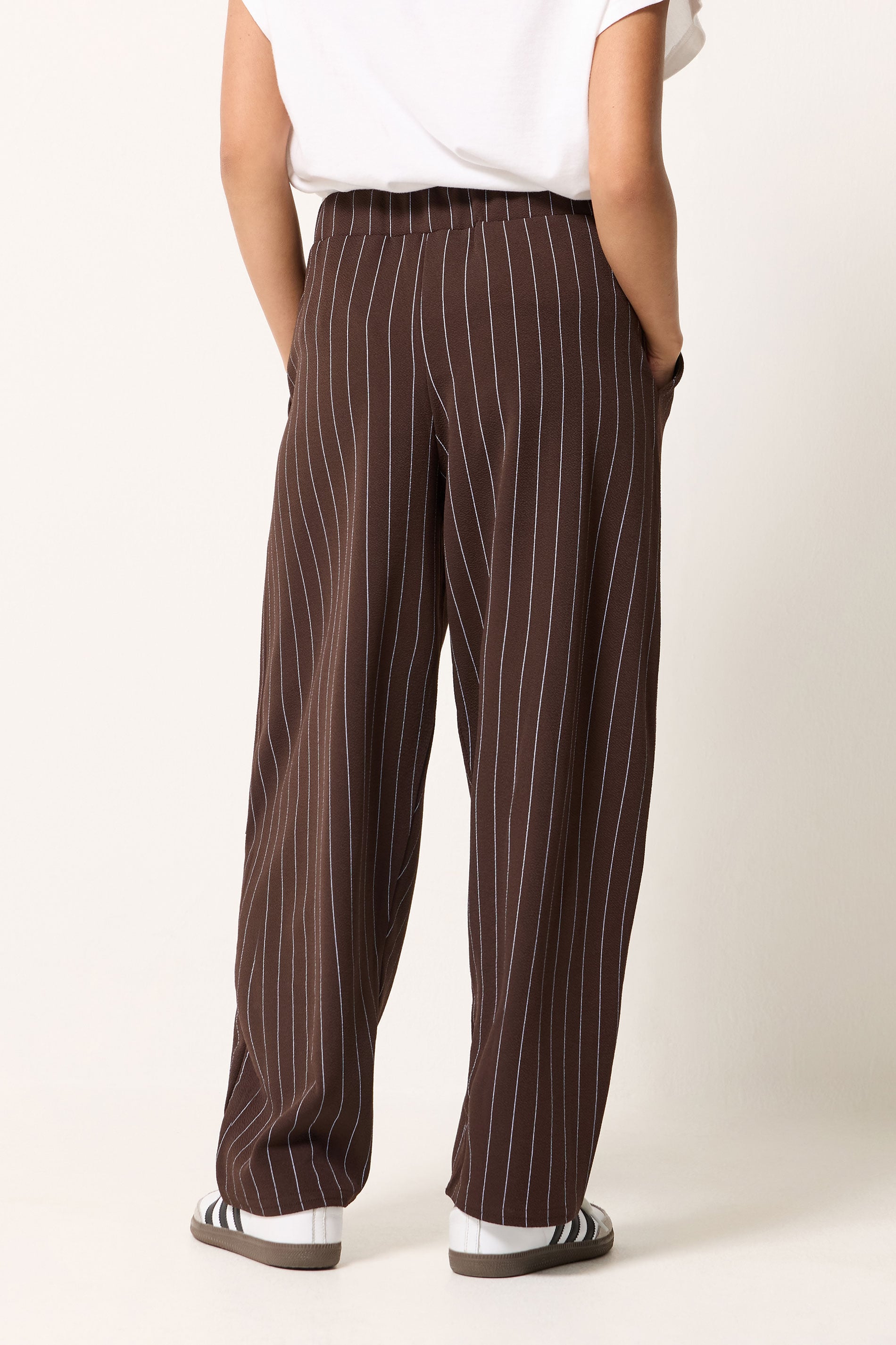 PixieGirl Petite Women's Chocolate Brown Pinstripe Barrel Leg Trousers | PixieGirl 2