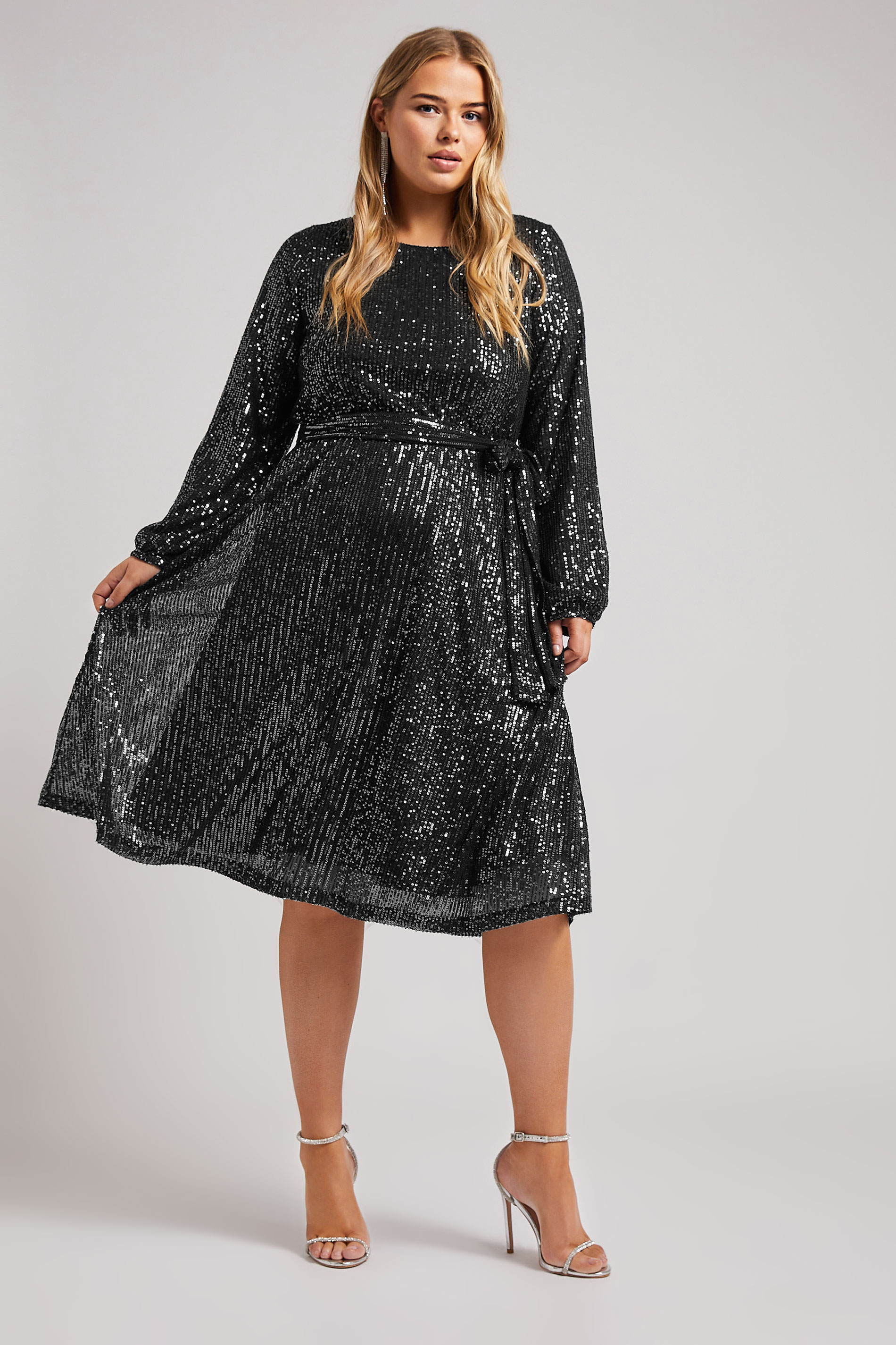 Yours Clothing London Plus Size Womens Black Sequin Skater Midi Dress - Size 14 - Plus Size Dresses