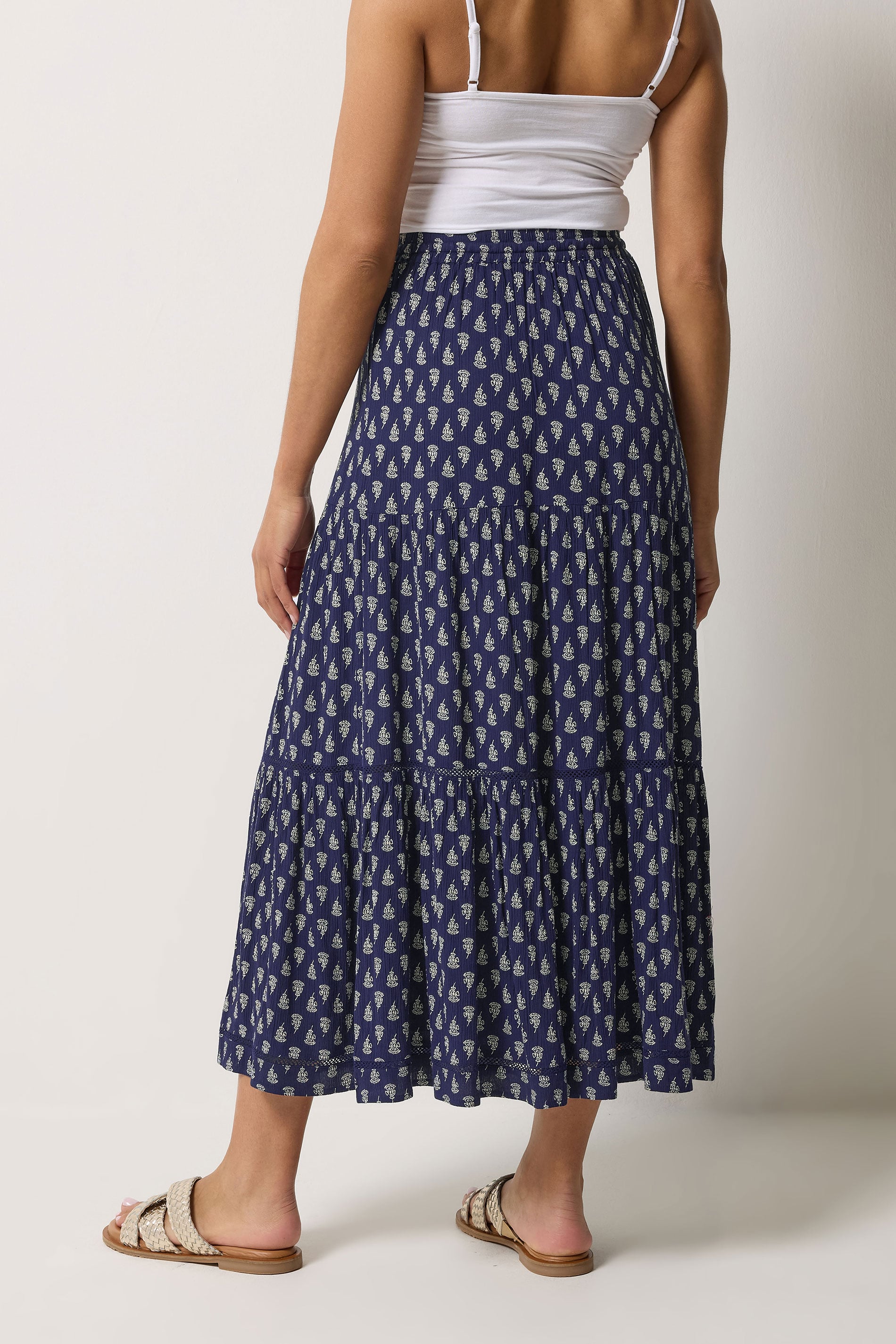M&Co Navy Blue Aztec Print Tiered Maxi Skirt | M&Co 4