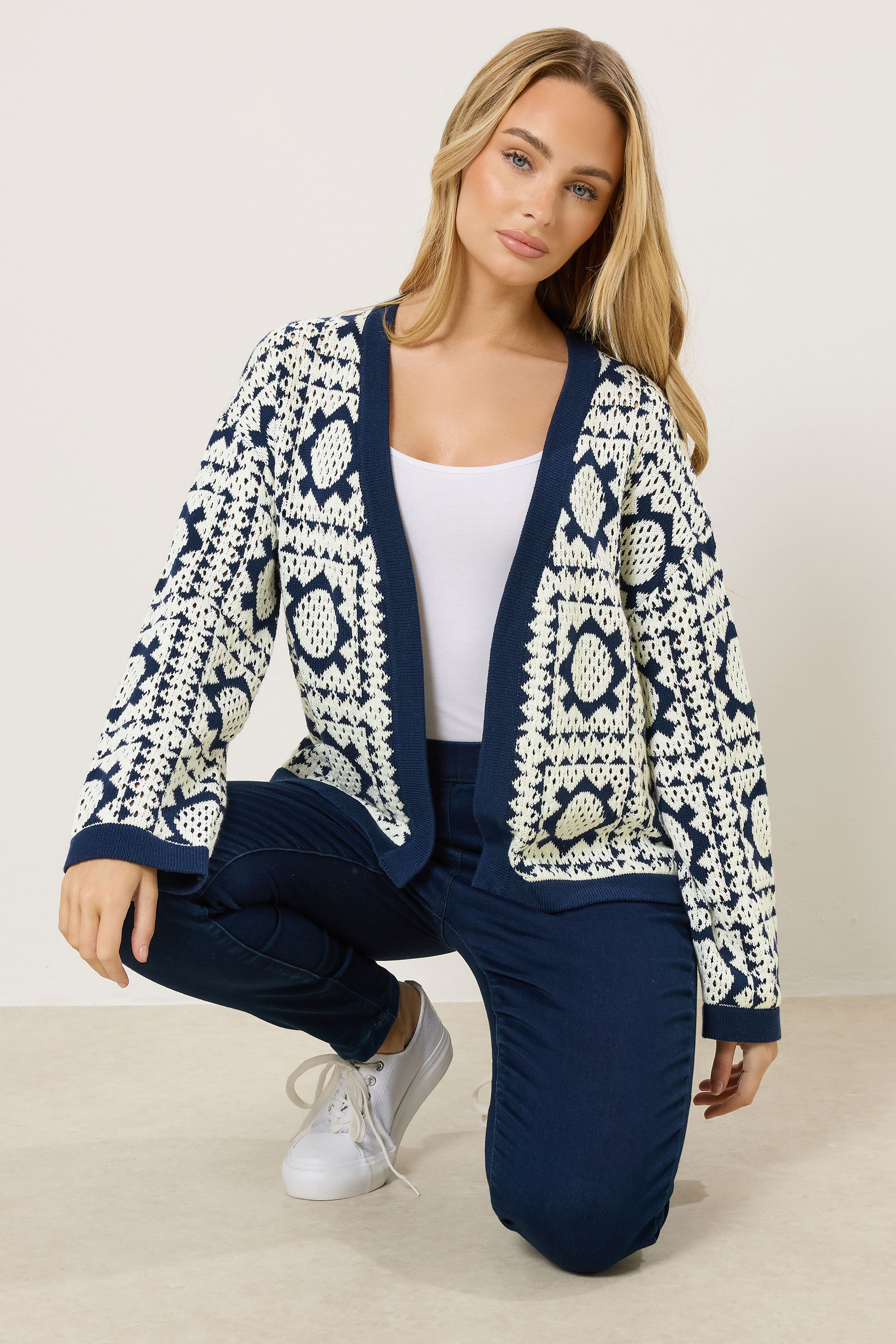 M&Co Navy Blue & White Crochet Knitted Cardigan | M&Co 2