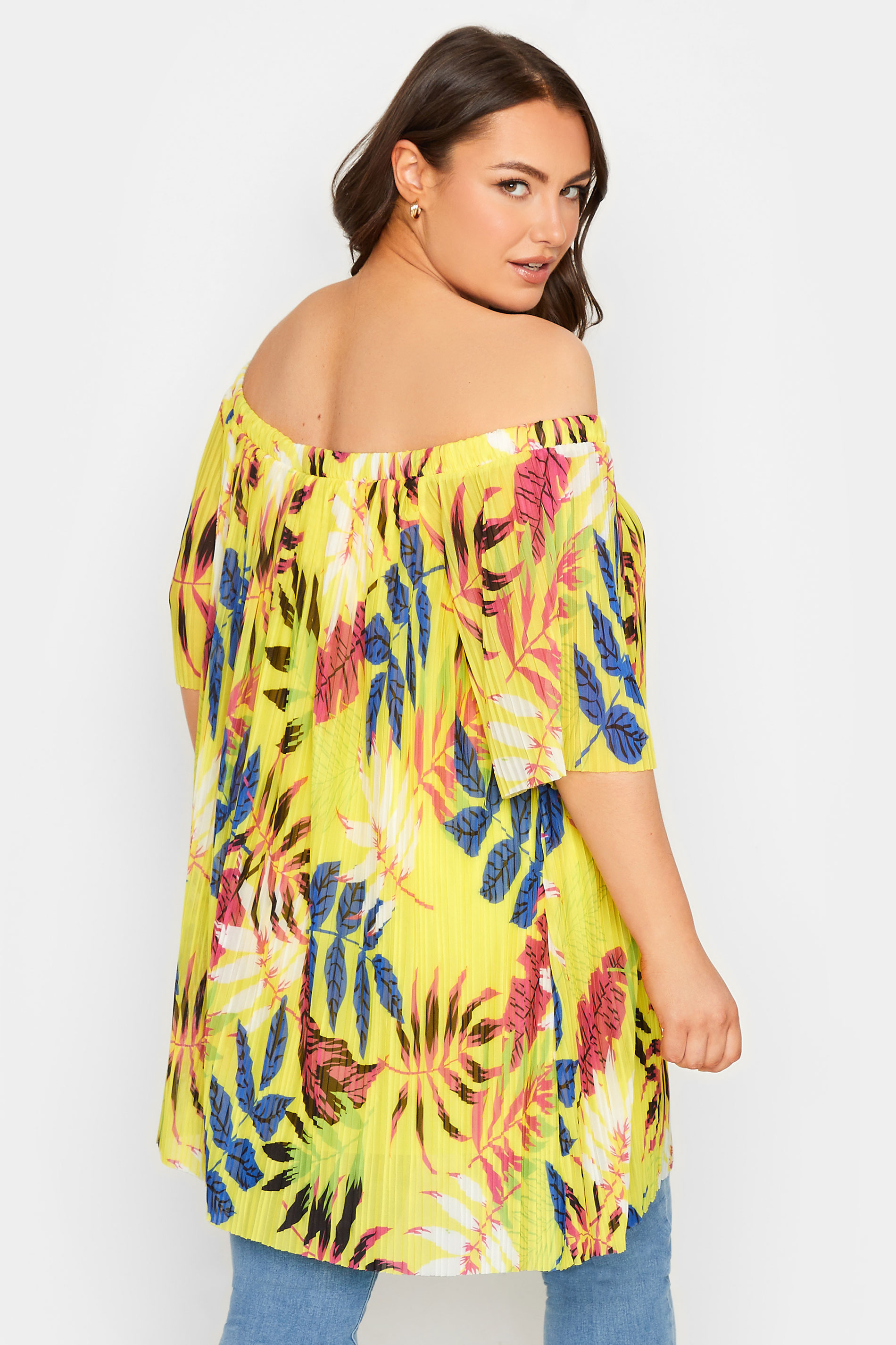 YOURS Curve Plus Size Yellow Tropical Print Double Layer Mesh Top | Yours Clothing  3
