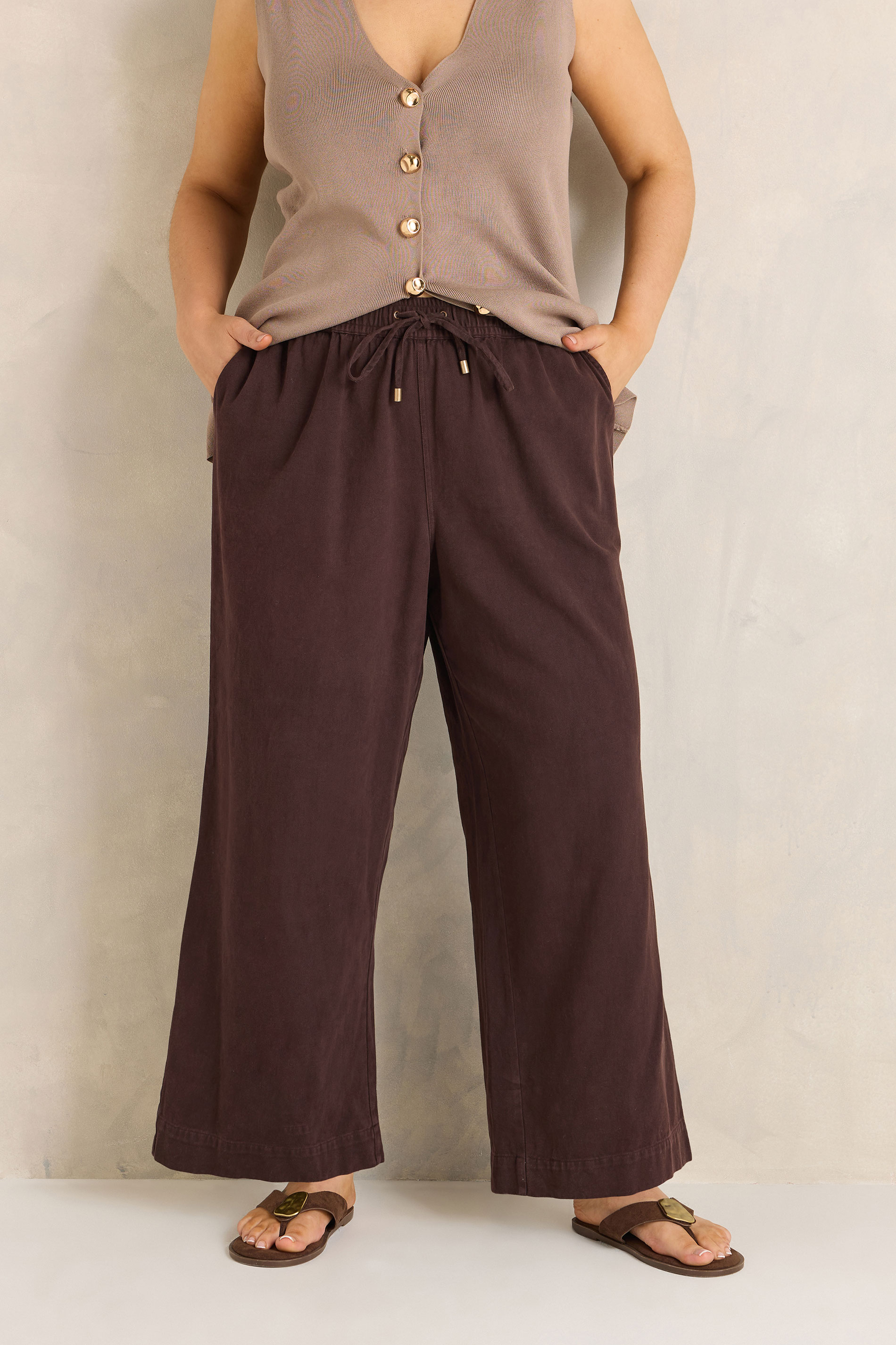 EVANS Plus Size Chocolate Brown Cotton Wide Leg Trouser | Evans 3