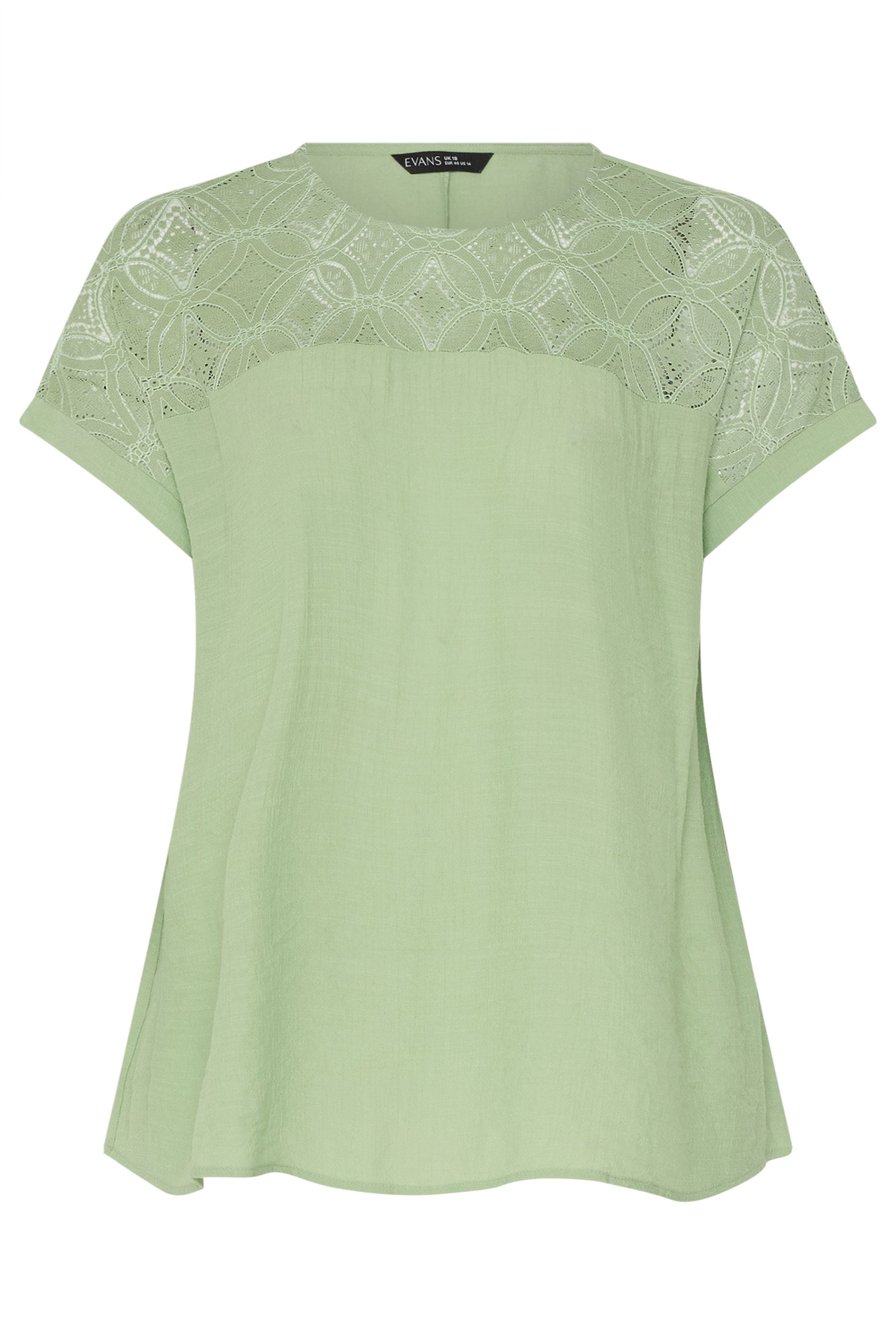 EVANS Plus Size Green Lace Detail Short Sleeve Top | Evans  5
