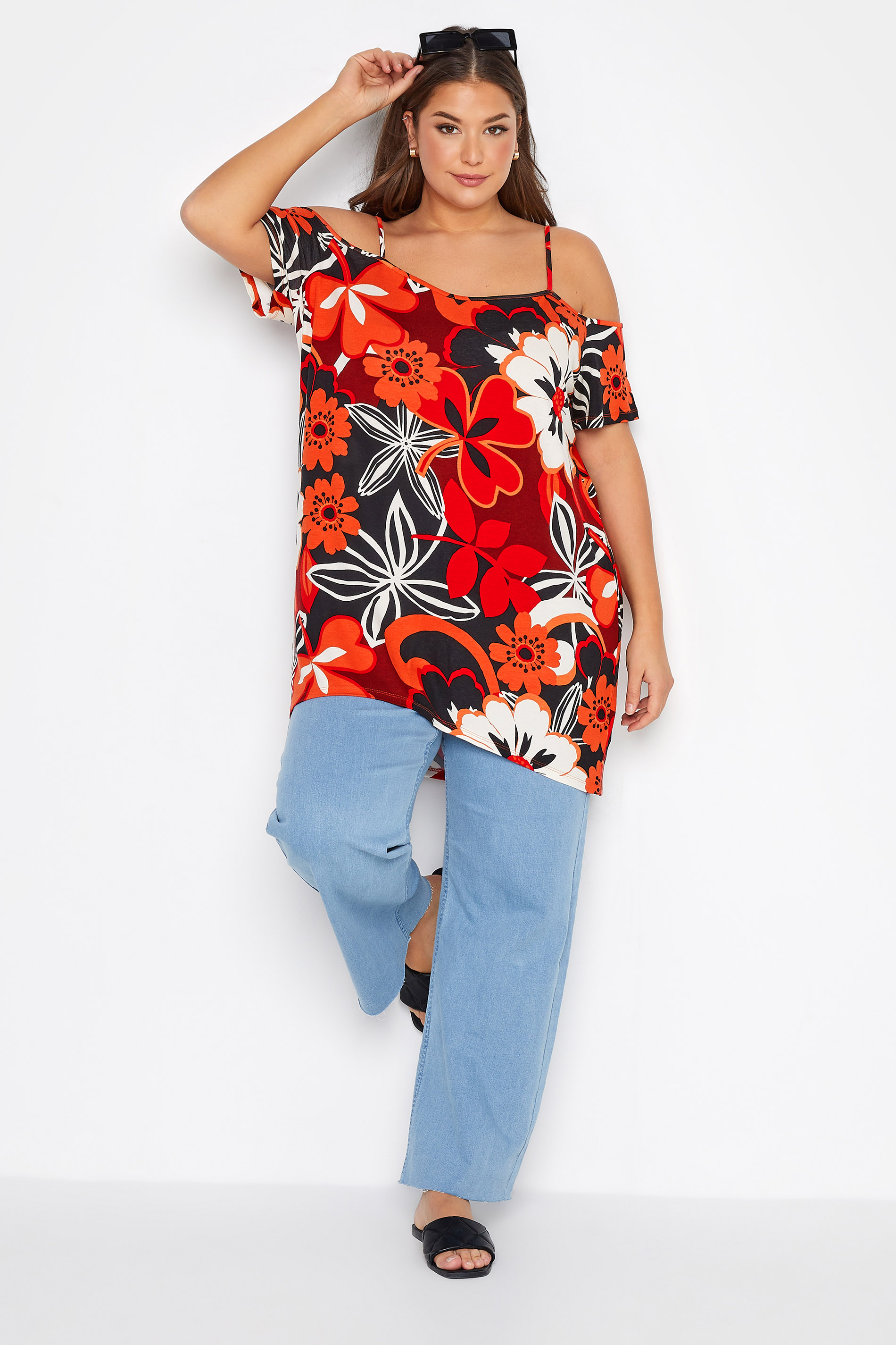 Grande taille  Tops Grande taille  Tops Épaules Ajourées & Style Bardot | Top Rouge Tropical Floral Style Bardot - GS88409