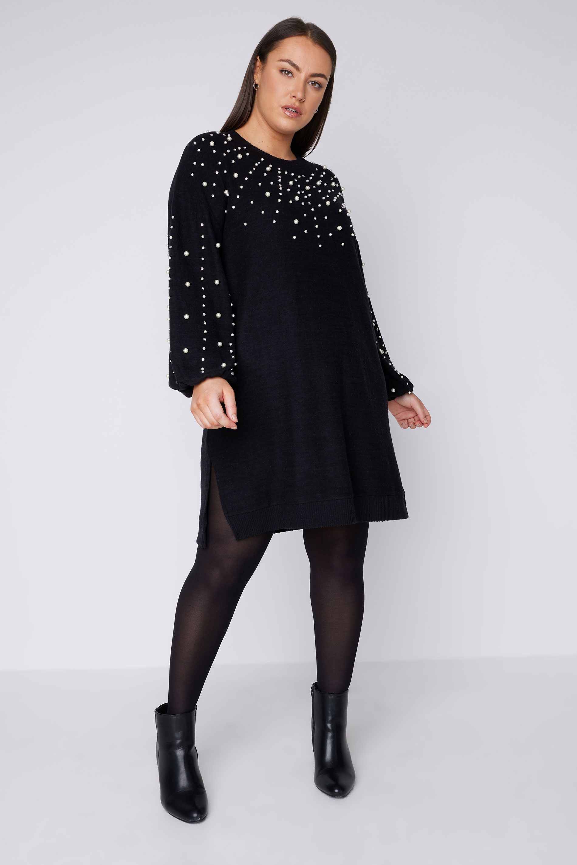 EVANS Plus Size Black Pearl Embellished Jumper Dress | Evans 1