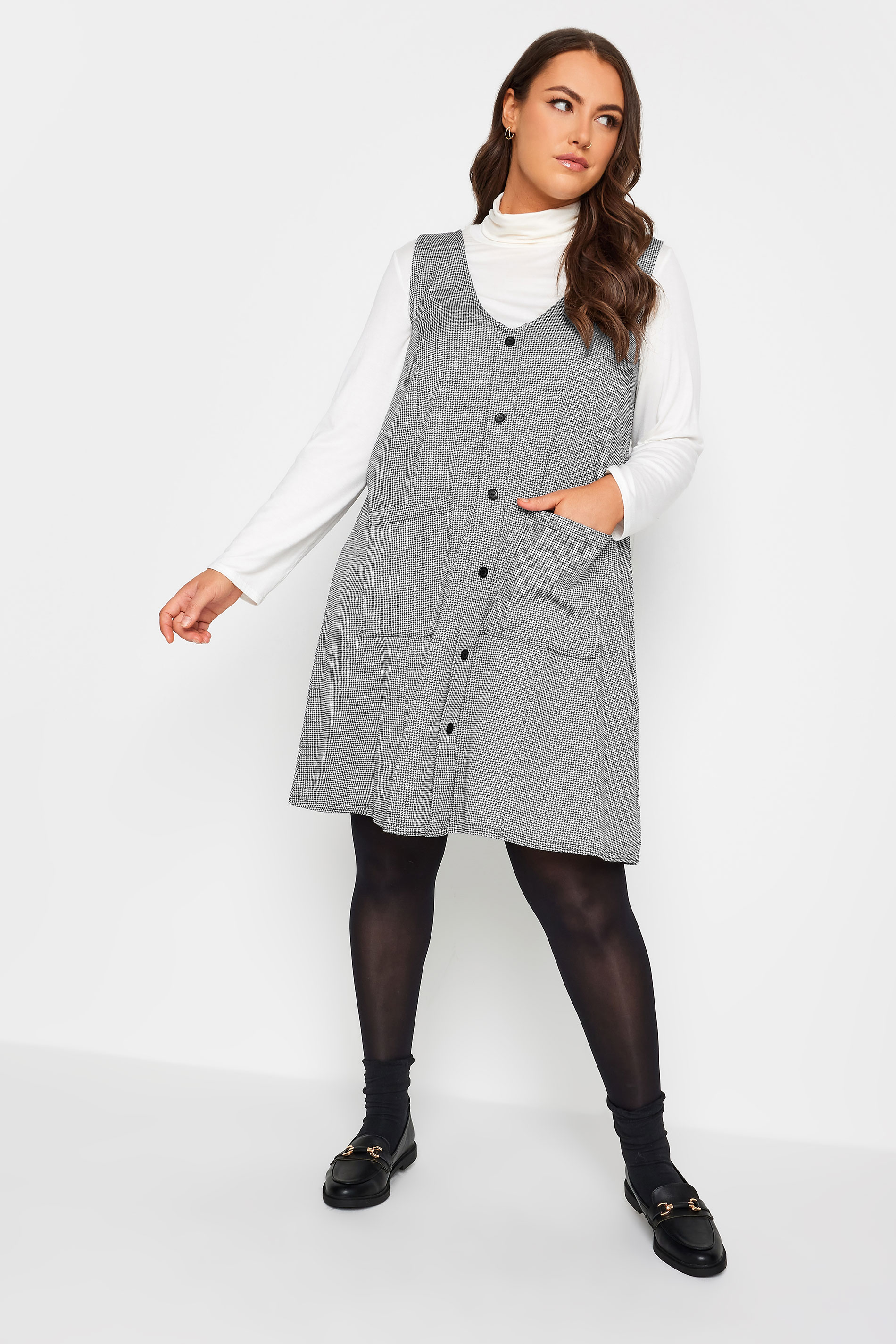 YOURS Curve Grey Check Print Button Through Pinafore Dress | Yours Clothing 1