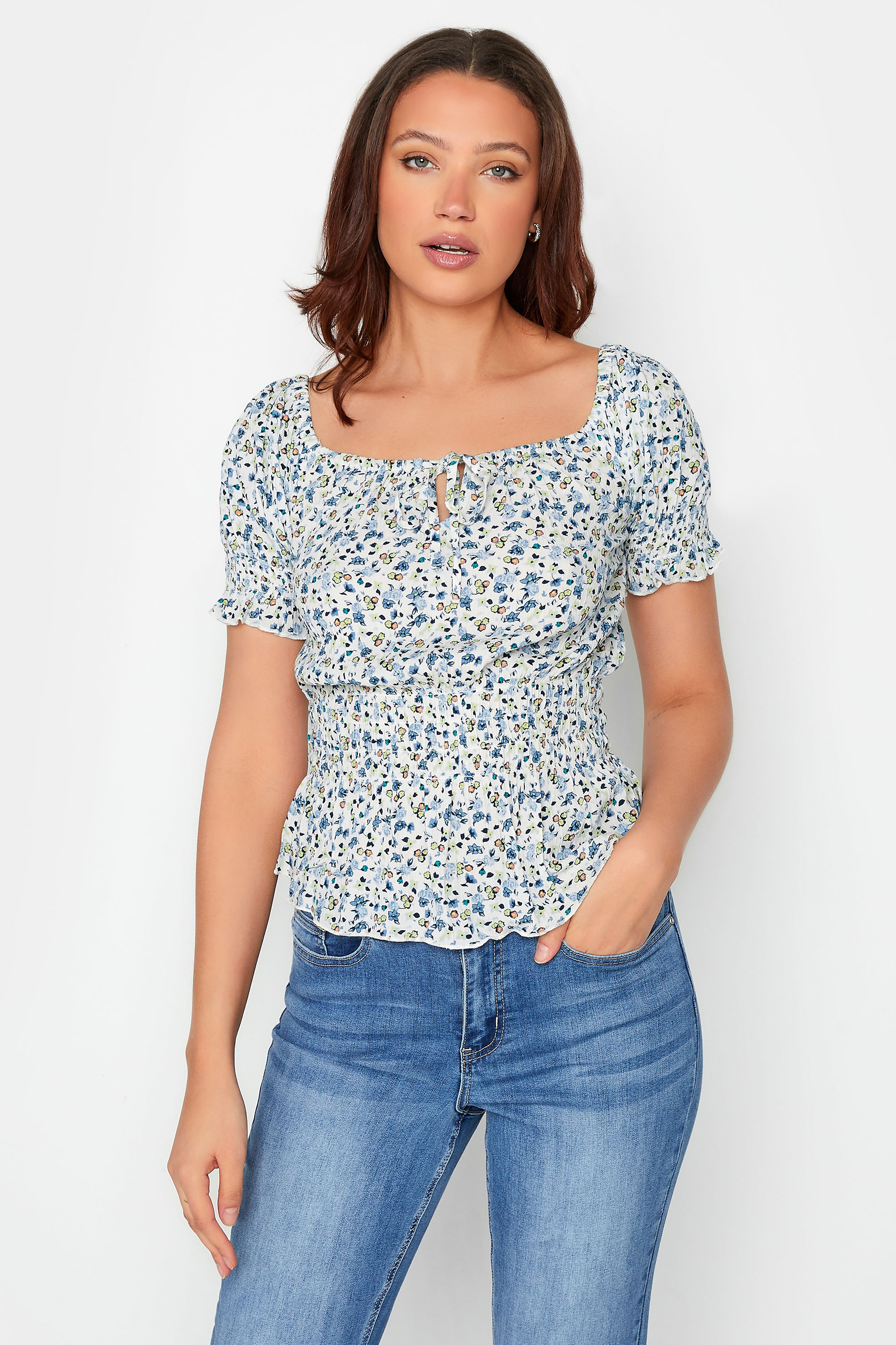 LTS Tall Women's White & Blue Floral Crinkle Bardot Top | Long Tall Sally 1
