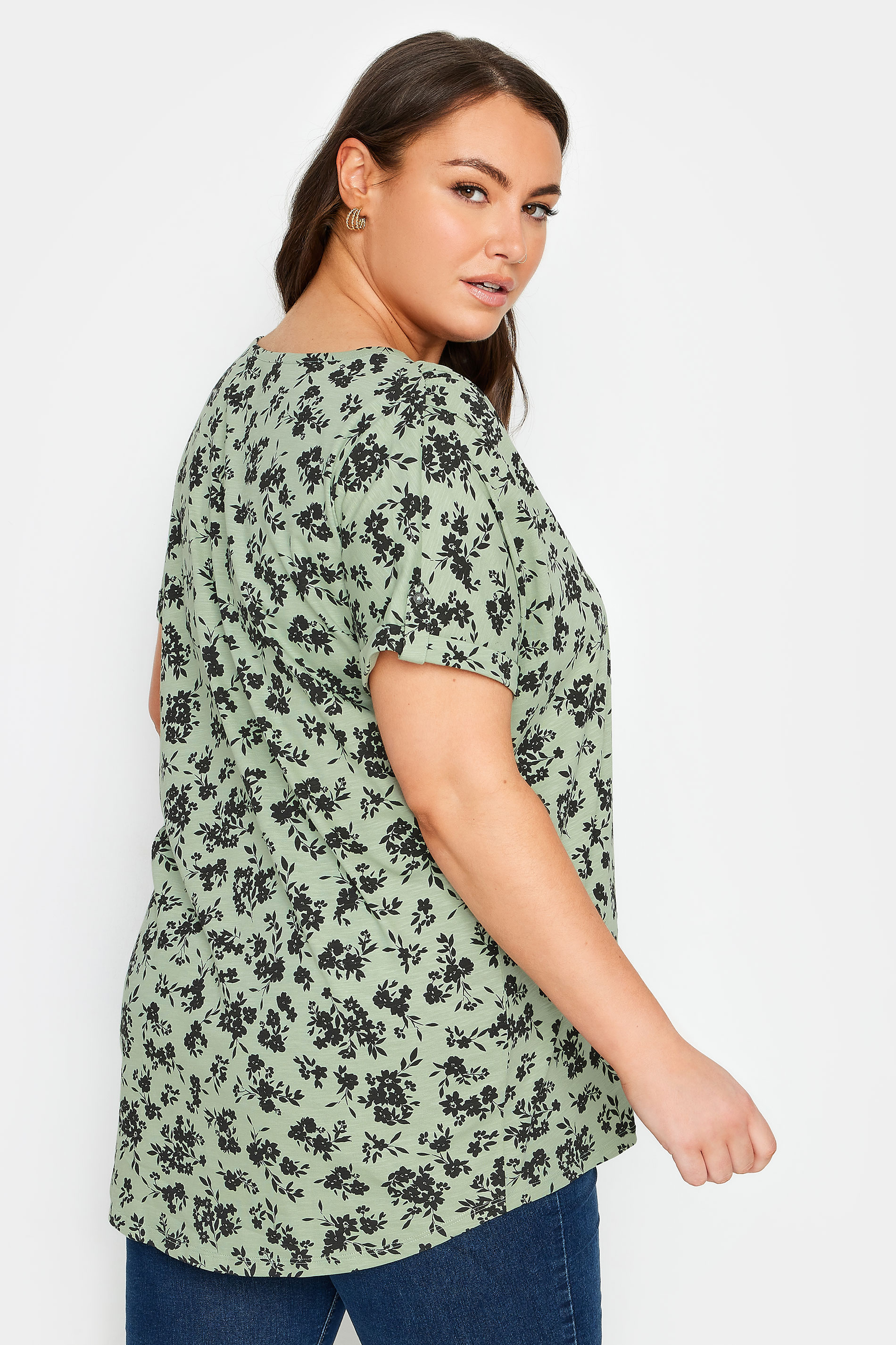 YOURS Plus Size Green Floral Print Pintuck Henley T-Shirt | Yours Clothing 3