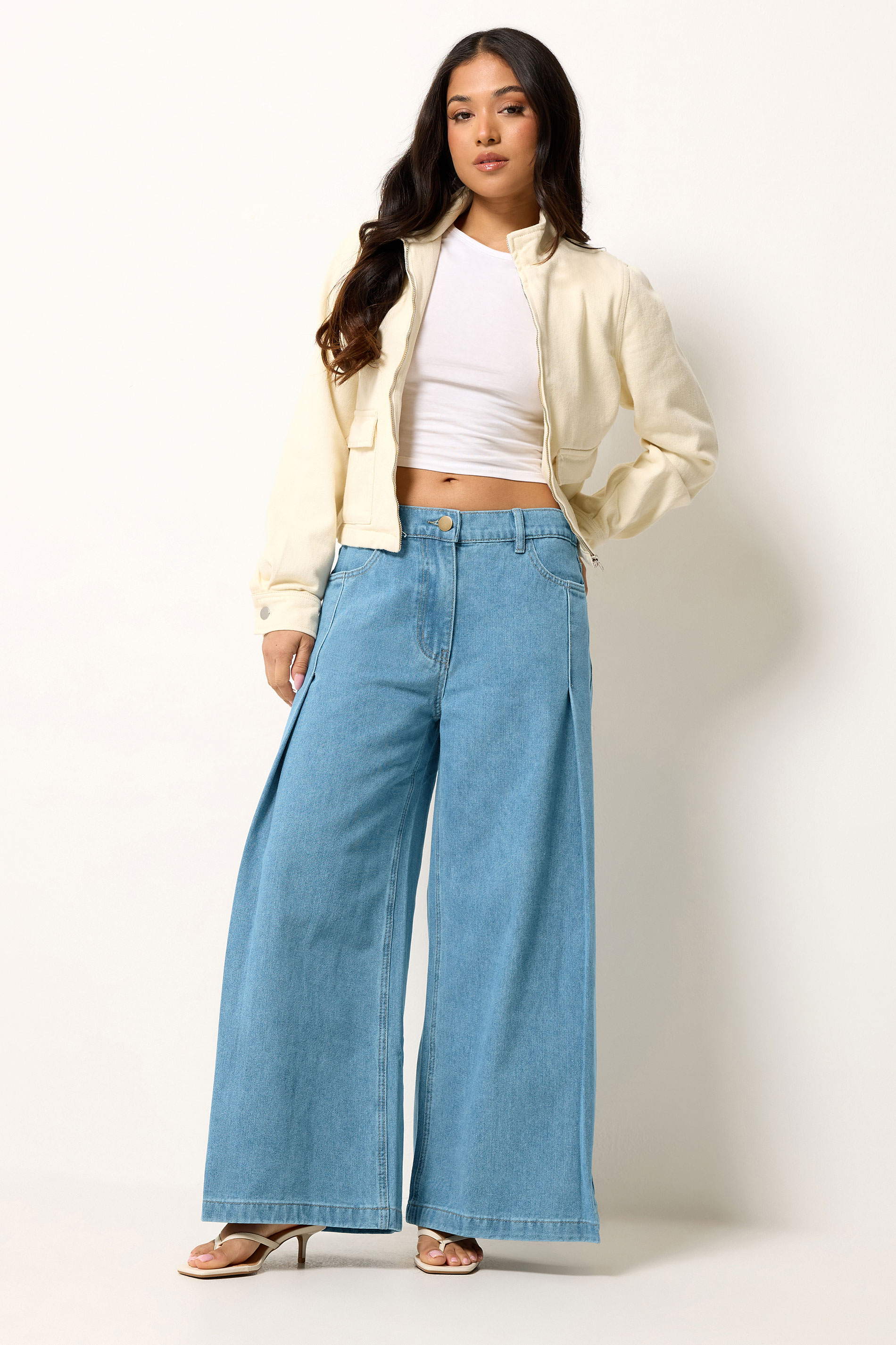 PixieGirl Petite Women's Mid Blue Pleated Palazzo Wide Leg Jeans | PixieGirl 3