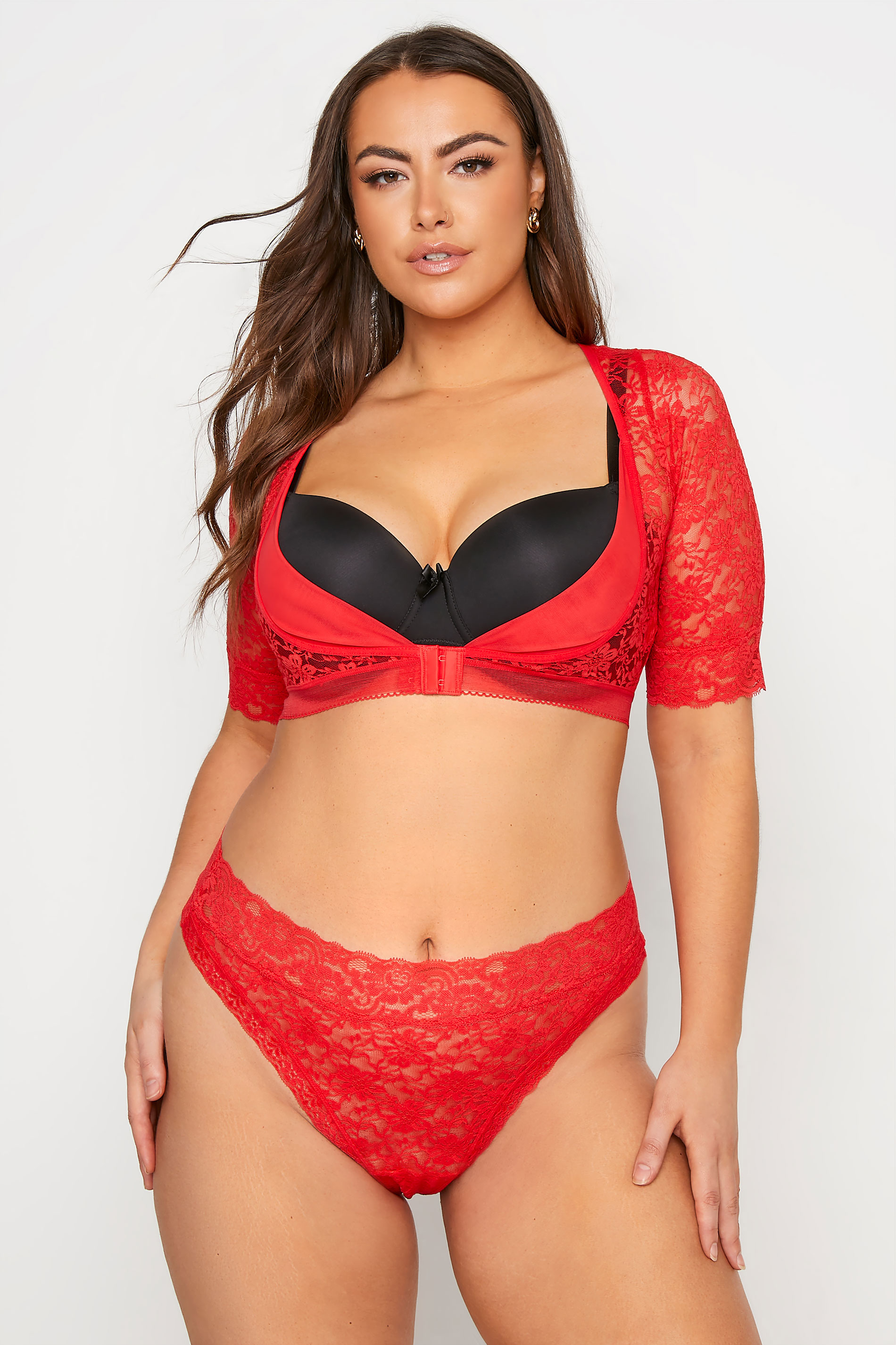 Plus Size Red Mesh Lace Front Fastening Armwear Top | Yours Clothing 3