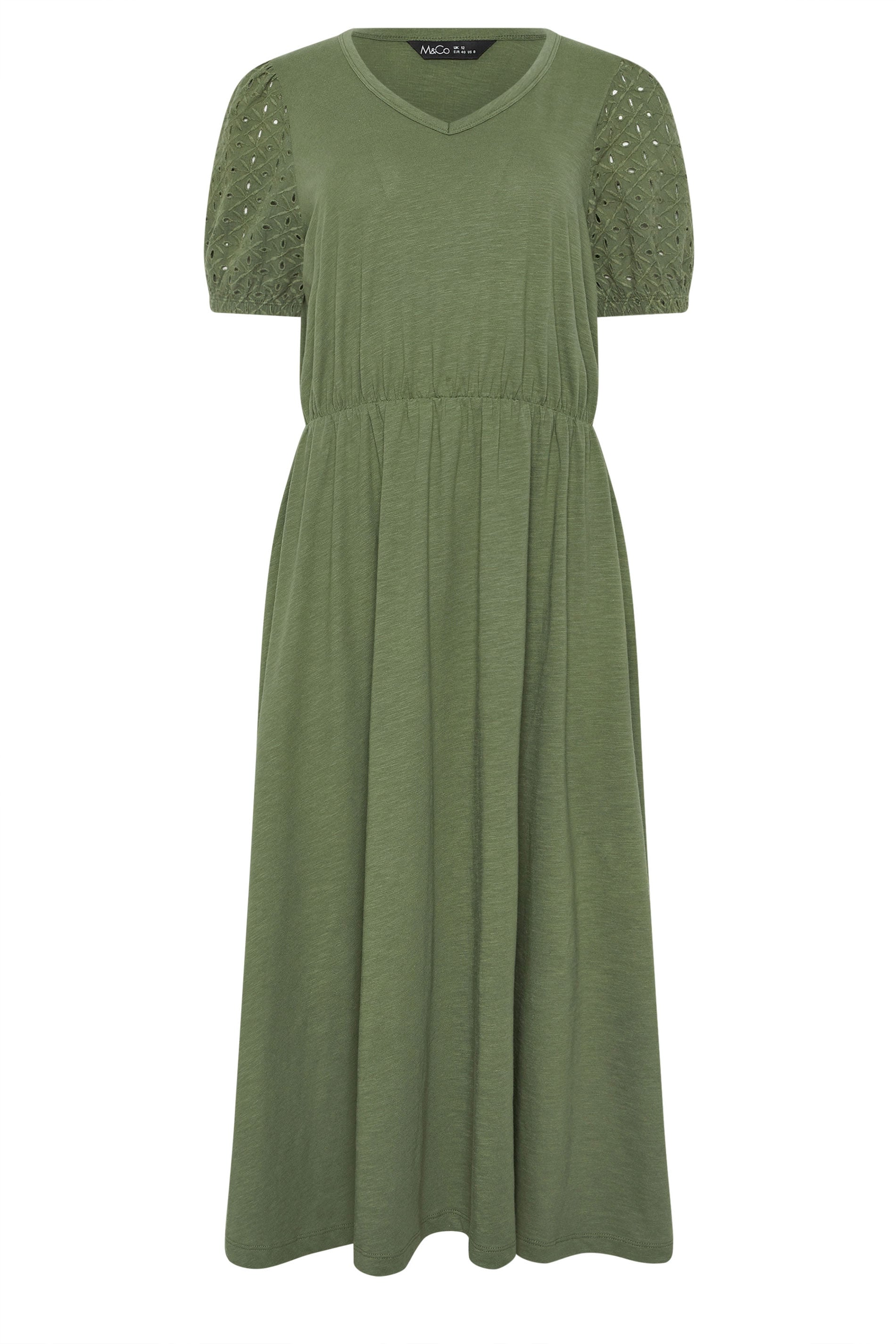 M&Co Khaki Green Broderie Sleeve Cotton Midi Dress | M&Co 5