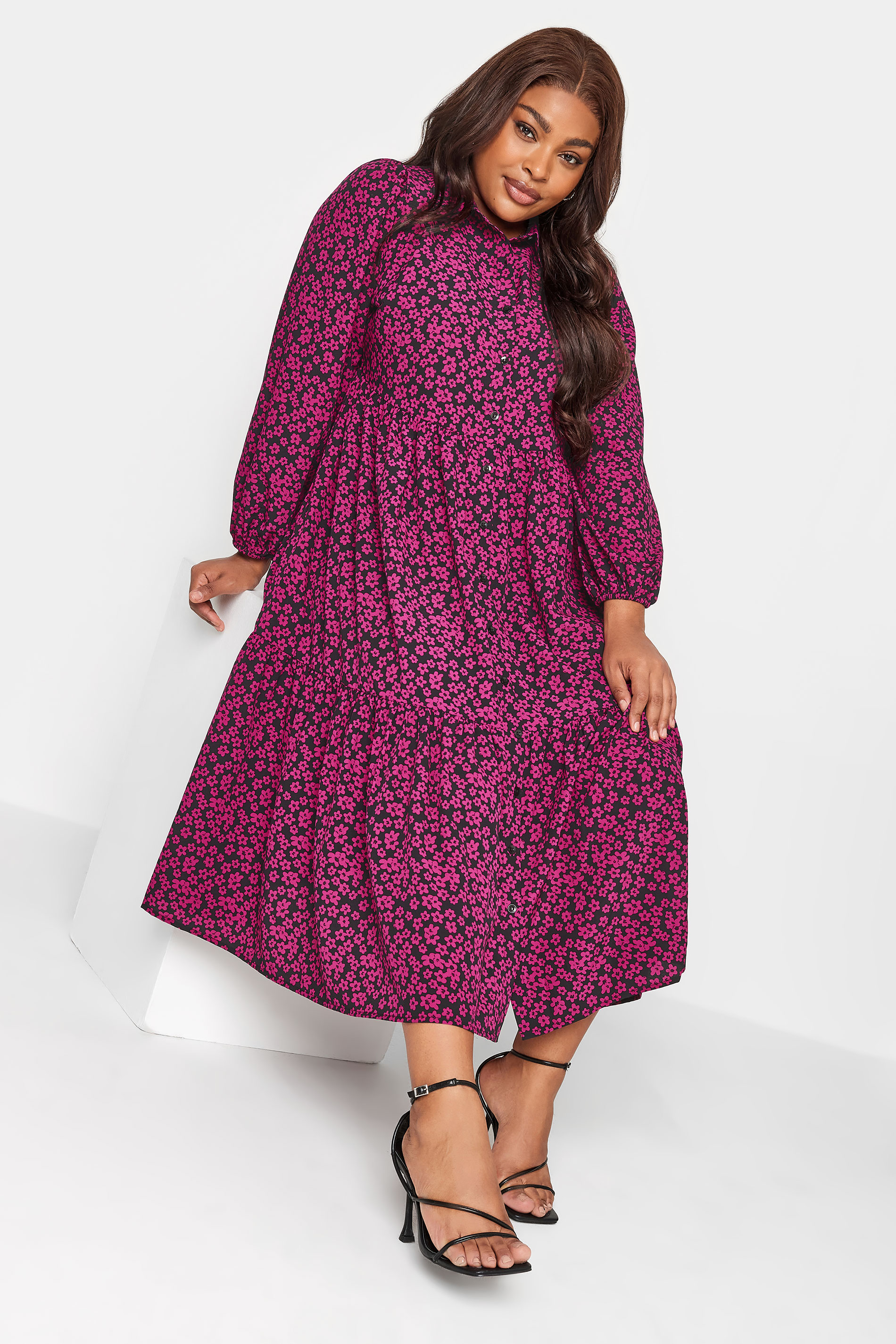 YOURS Plus Size Pink Floral Print Button Through Midi Dress | Yours Clothing 2