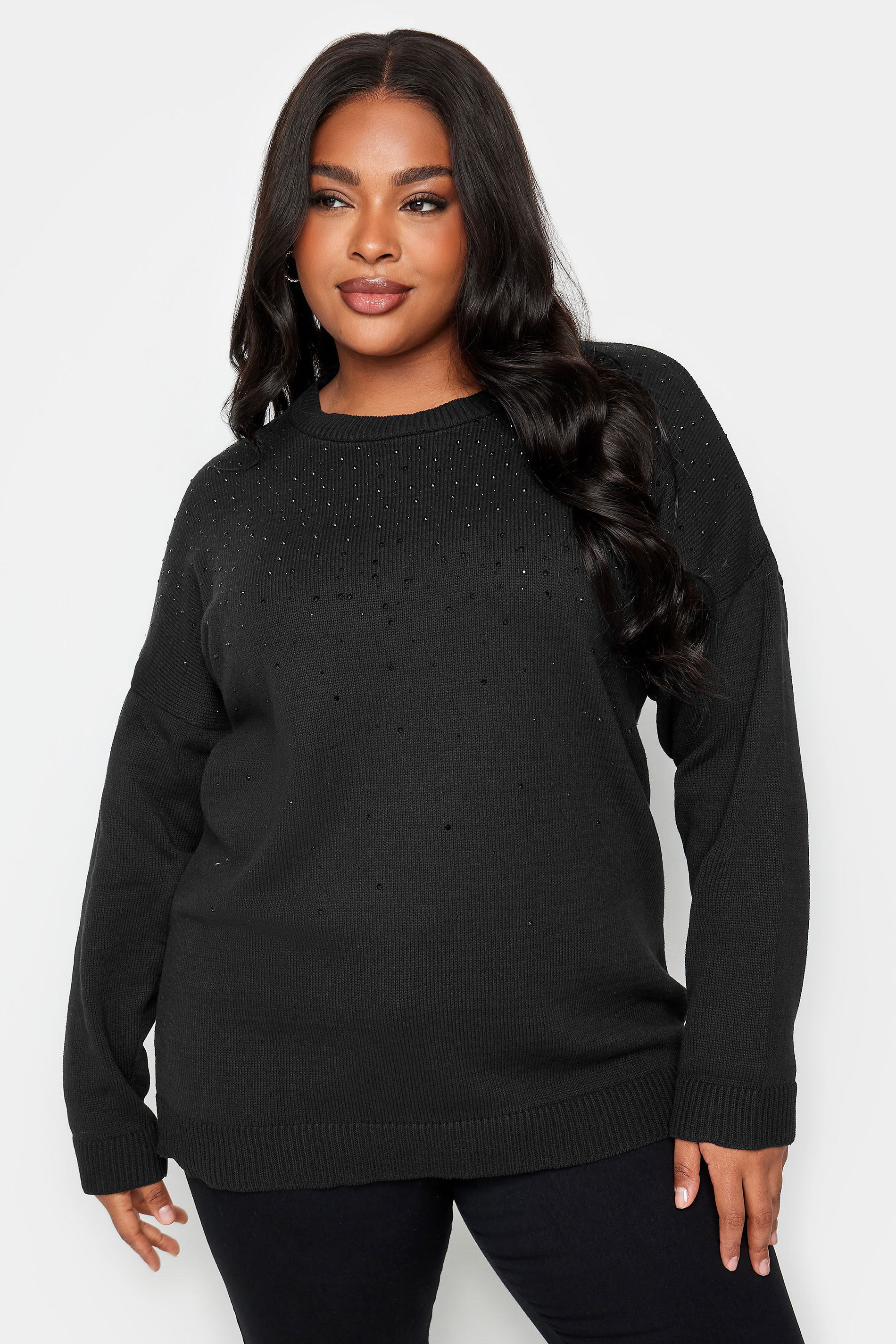 YOURS Plus Size Black Embellished Knitted Jumper | Yours Clothing 1