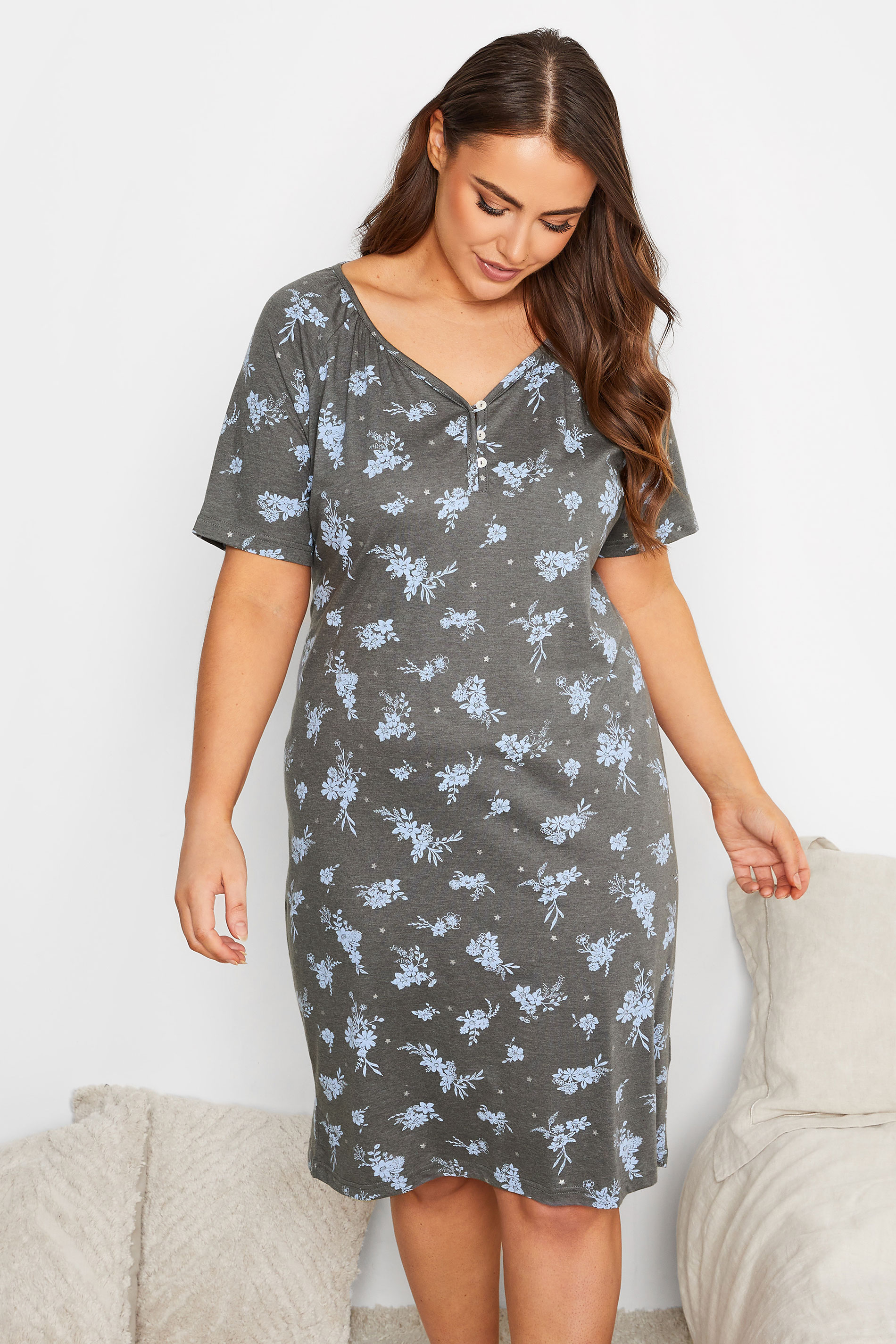 Plus Size Grey Sparkle Floral Print Placket Nightdress | Yours Clothing  2