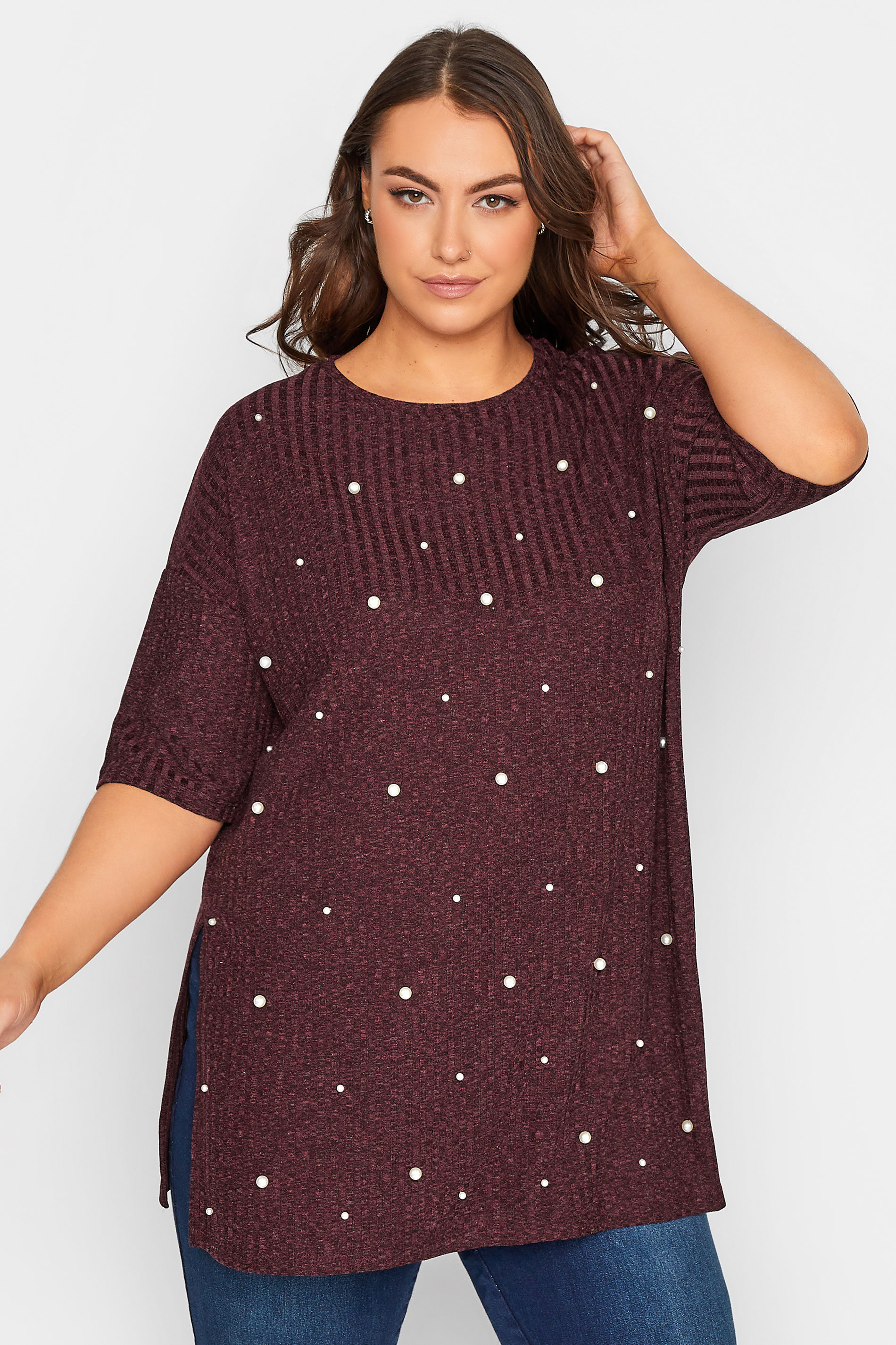 Curve Plus Size Red Pearl Embellished Split Hem Knit Top | Yours Clothing  1
