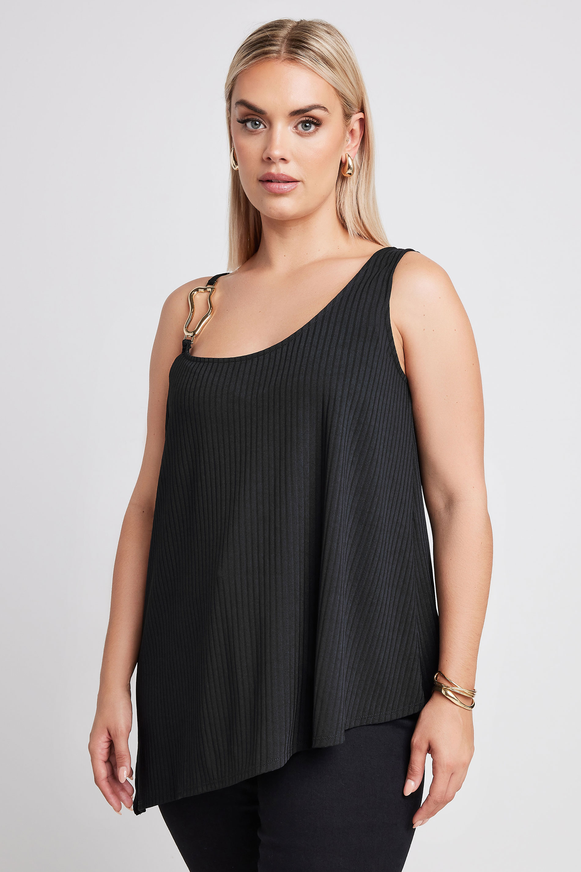 LIMITED COLLECTION Plus Size Black Metal Trim Ribbed Vest Top | Yours Clothing 1