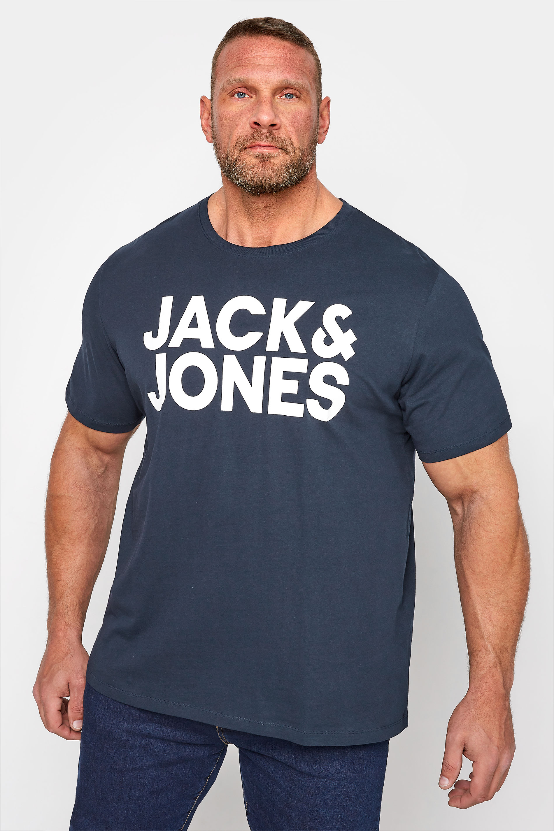 JACK & JONES Big & Tall Navy Blue Logo Crew Neck T-Shirt 1