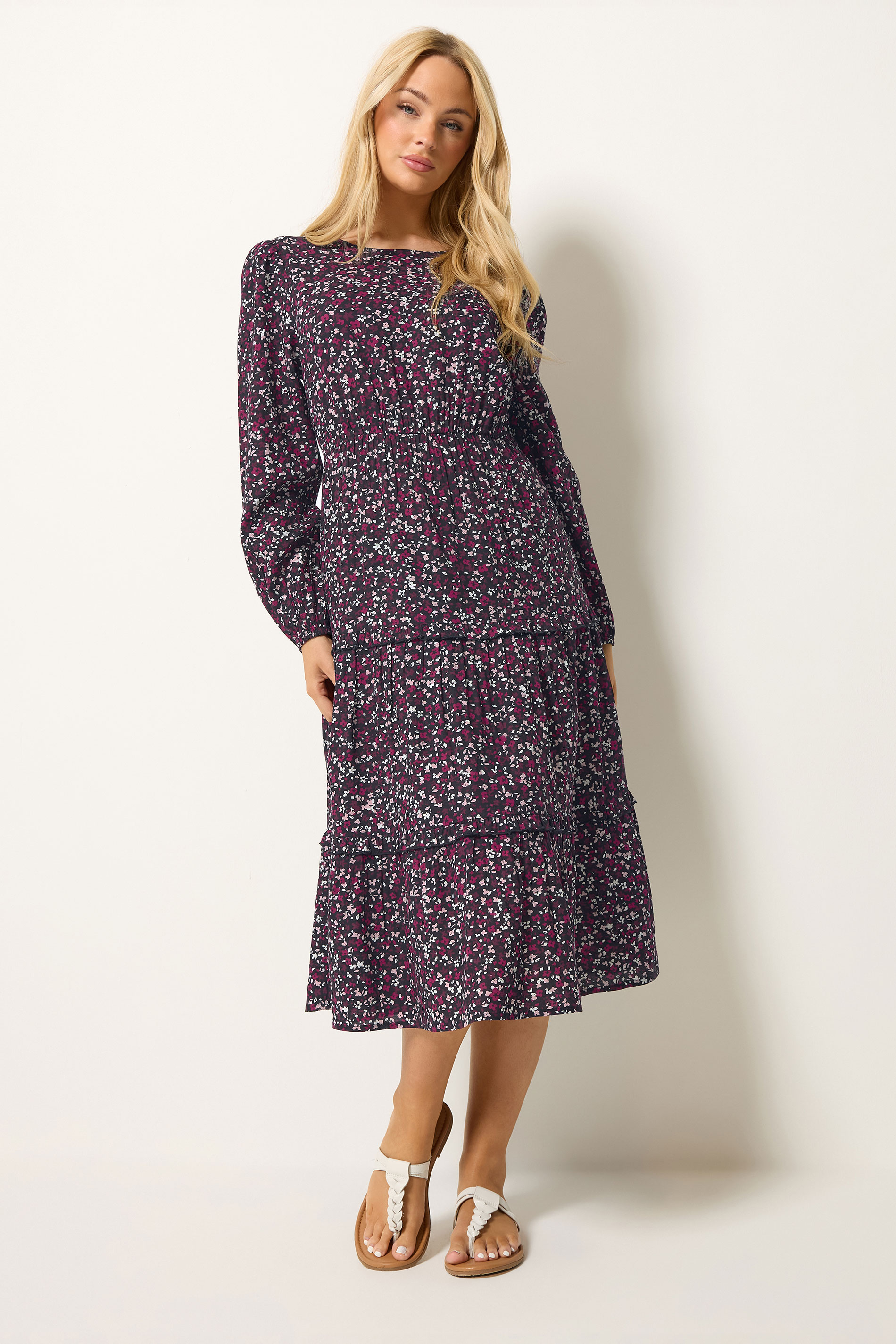 M&Co Berry Purple Ditsy Floral Print Ruffle Midi Dress | M&Co 1