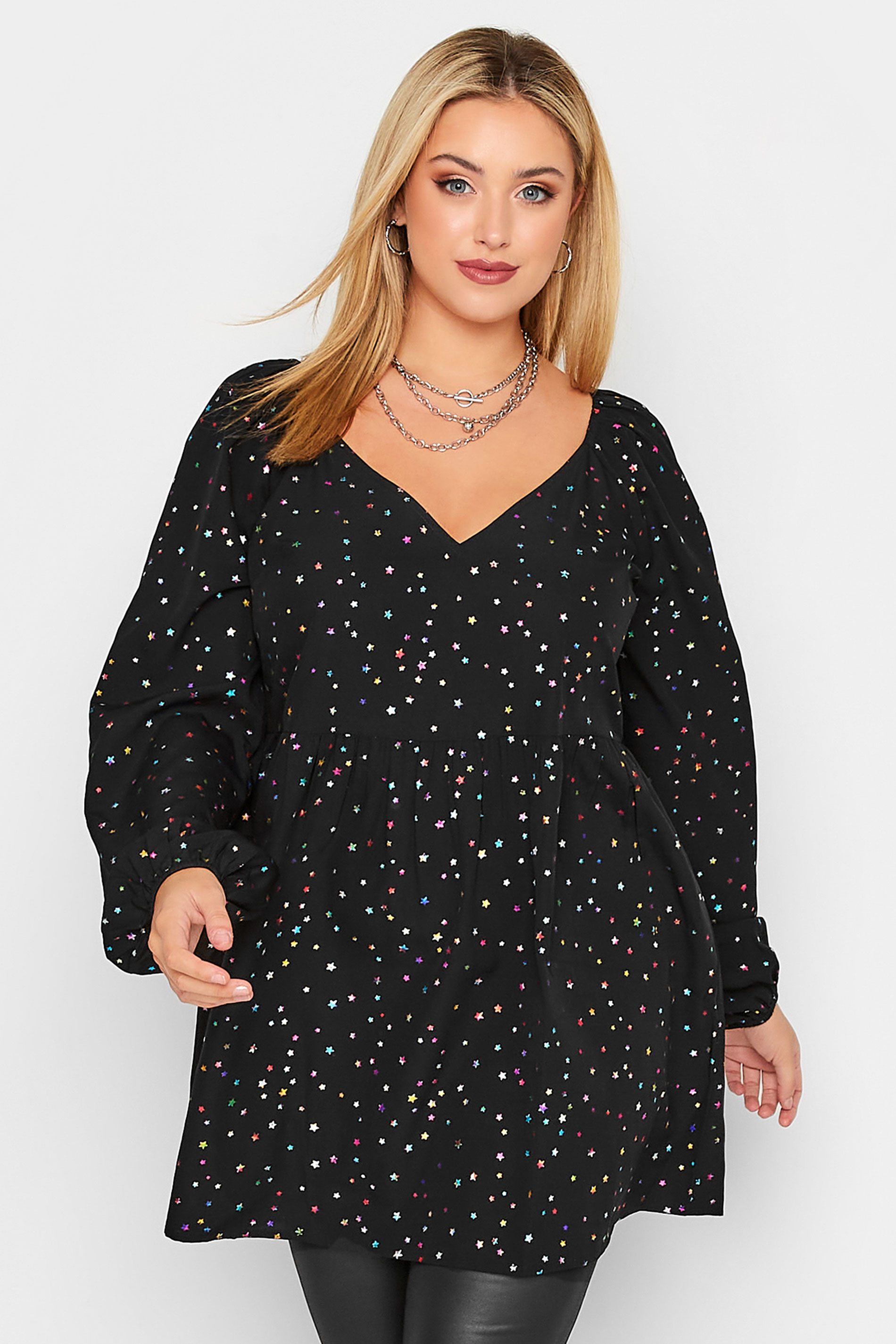 LIMITED COLLECTION Plus Size Black & Rainbow Star Peplum Blouse | Yours Clothing 1