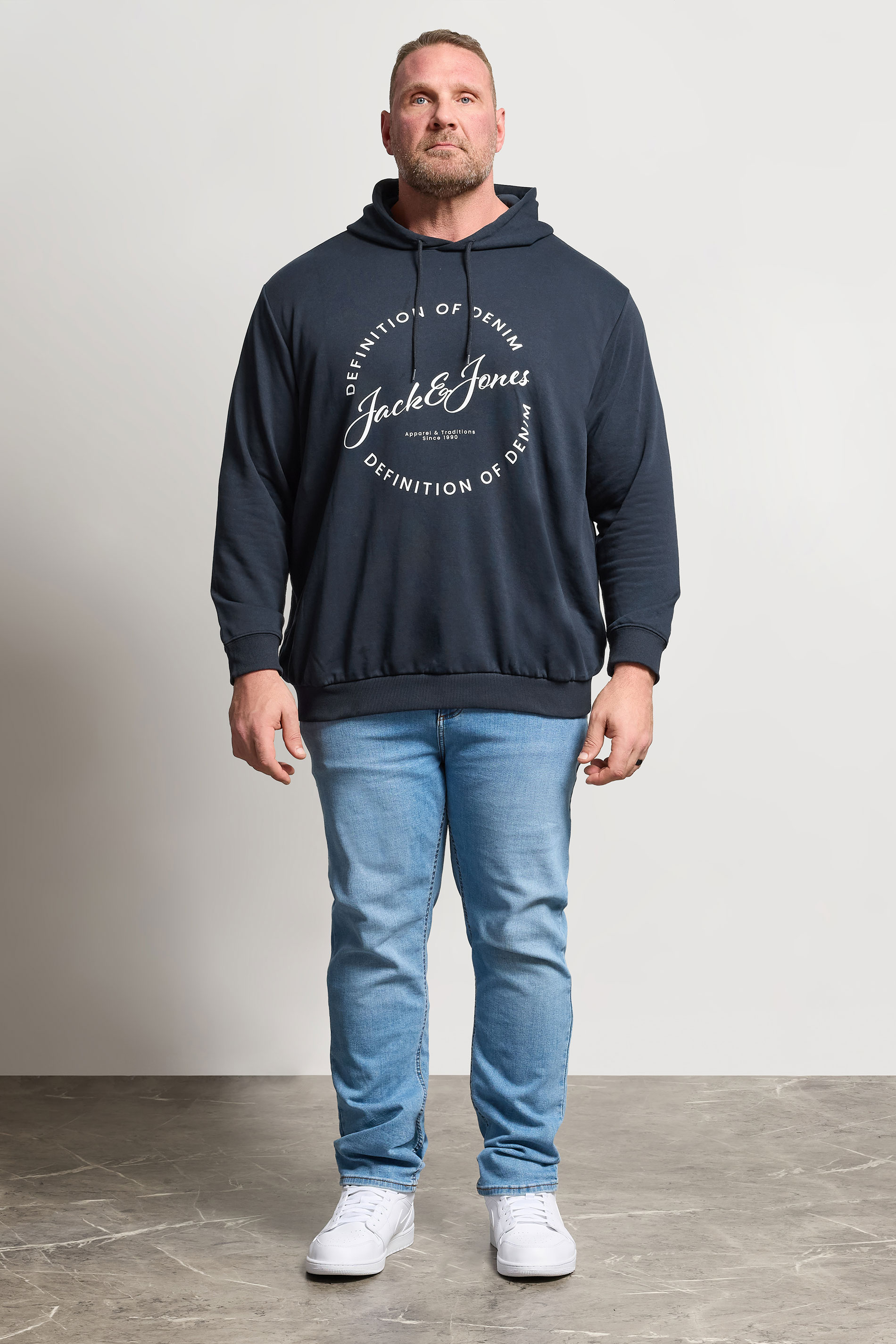 JACK & JONES Big & Tall Navy Blue Circle Logo Printed Hoodie | BadRhino 1