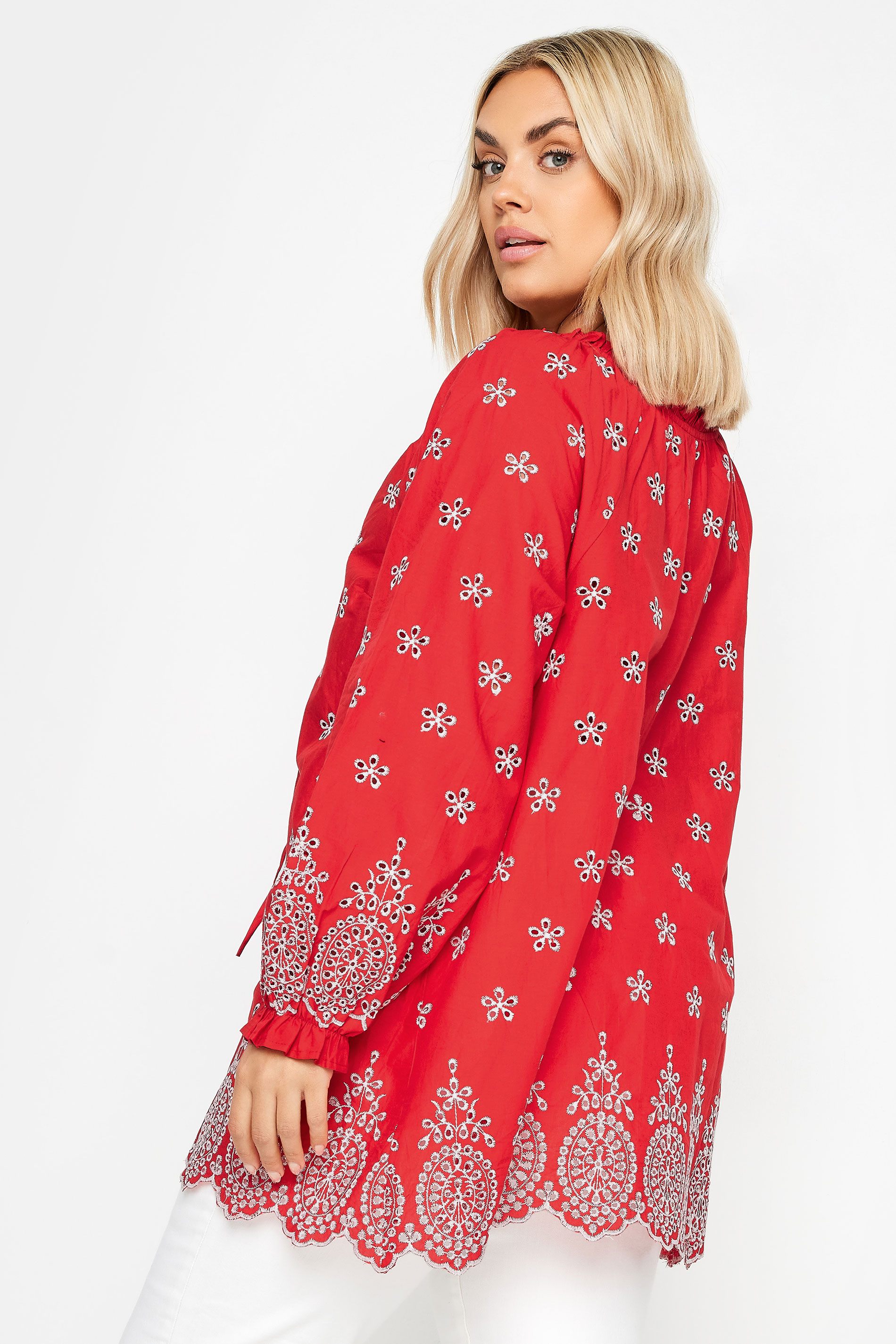 YOURS Plus Size Red & White Broderie Anglaise Blouse | Yours Clothing 3
