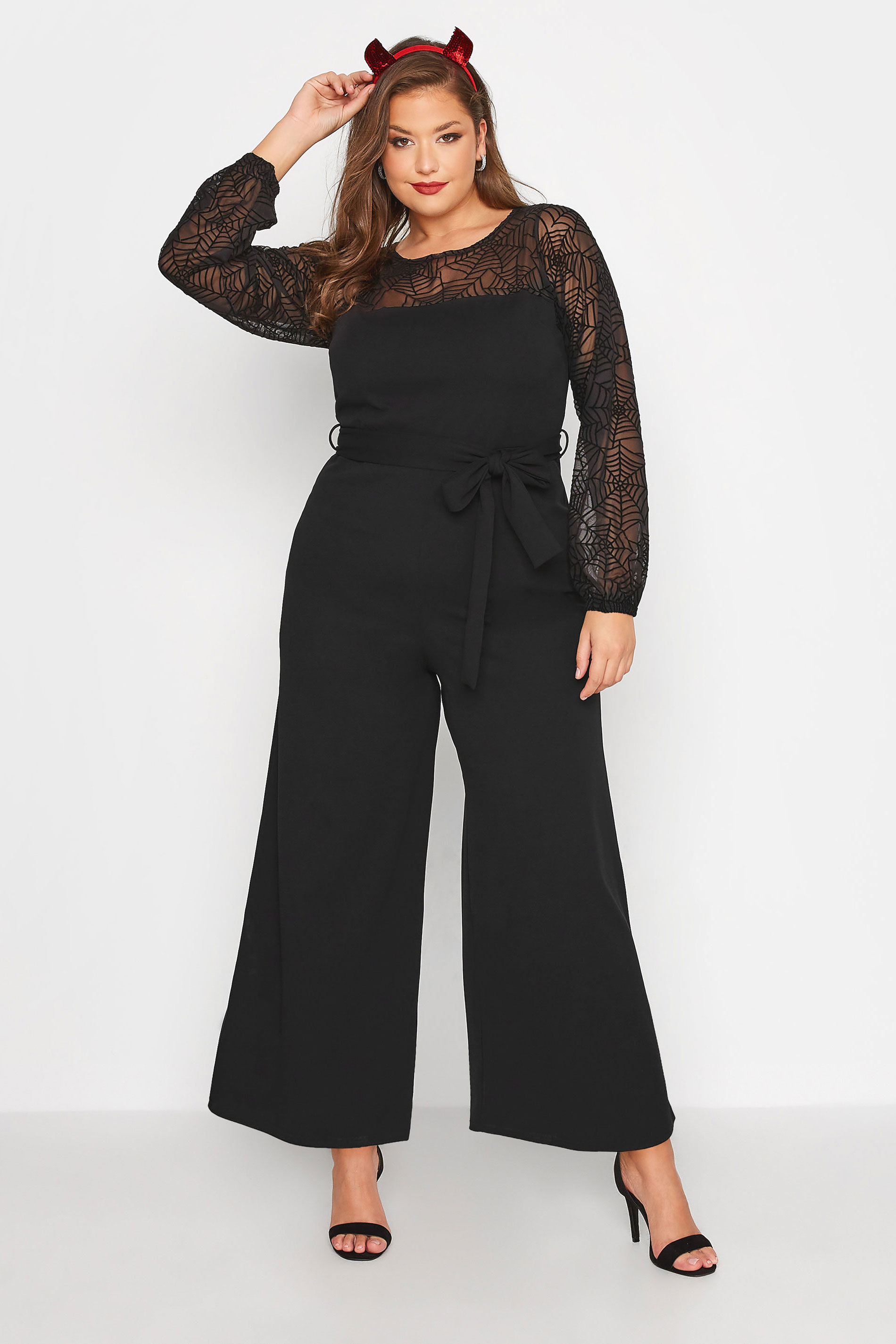 YOURS LONDON Plus Size Black Flocked Halloween Jumpsuit | Yours Clothing 1