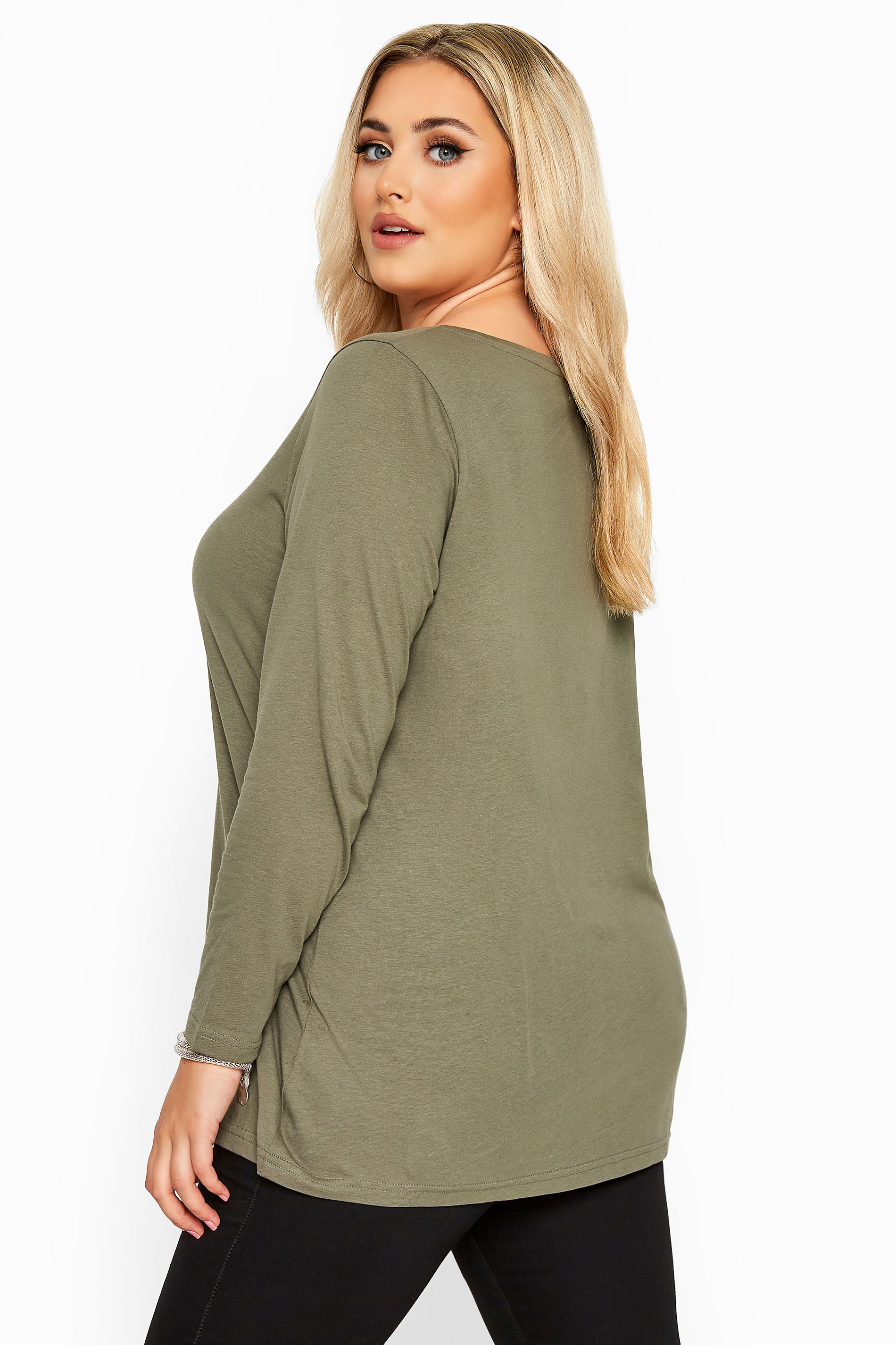 Khaki Green Cotton Long Sleeve T-Shirt | Yours Clothing 3