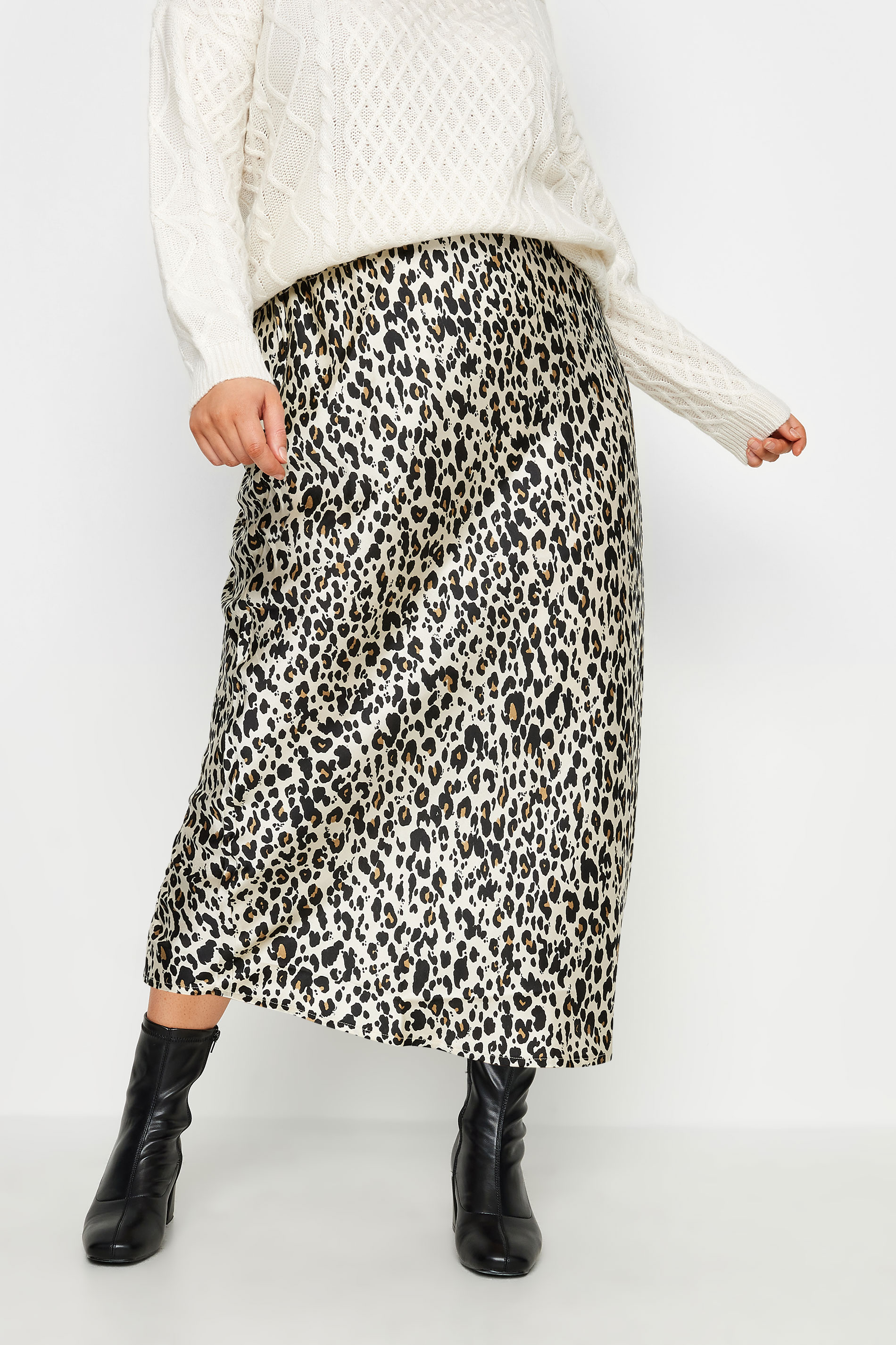 YOURS Plus Size Cream Leopard Print Satin Midi Skirt