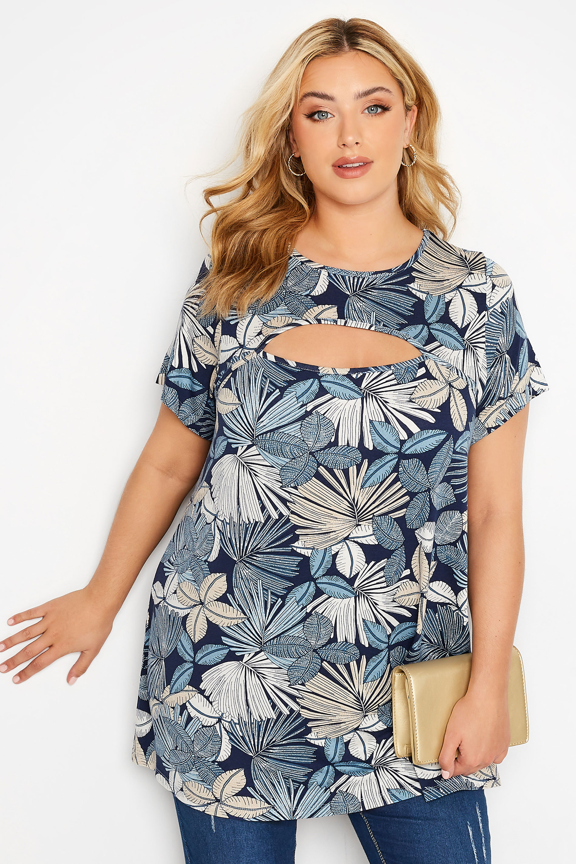 Plus Size Blue Floral Cut Out Top | Yours Clothing  1