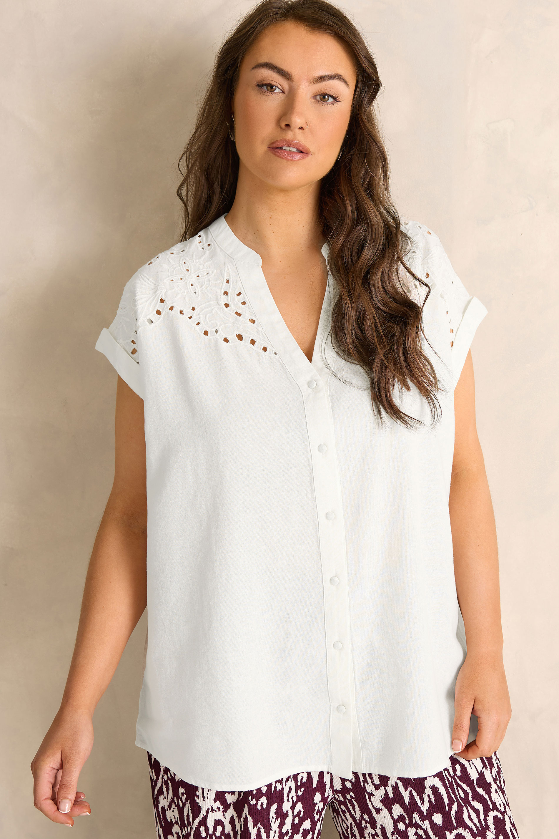 EVANS Plus Size White Embroidered Shoulder Linen Blend Shirt | Evans 3