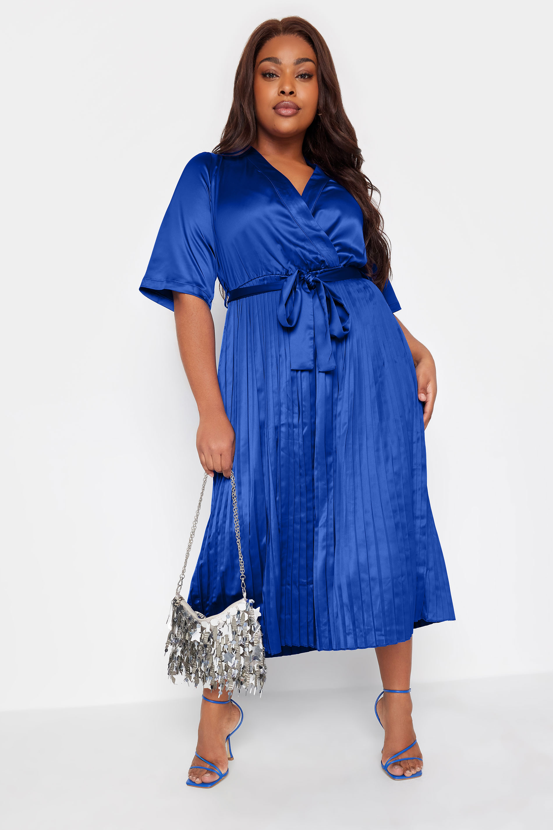 YOURS LONDON Plus Size Blue Satin Pleated Wrap Dress | Yours Clothing 2