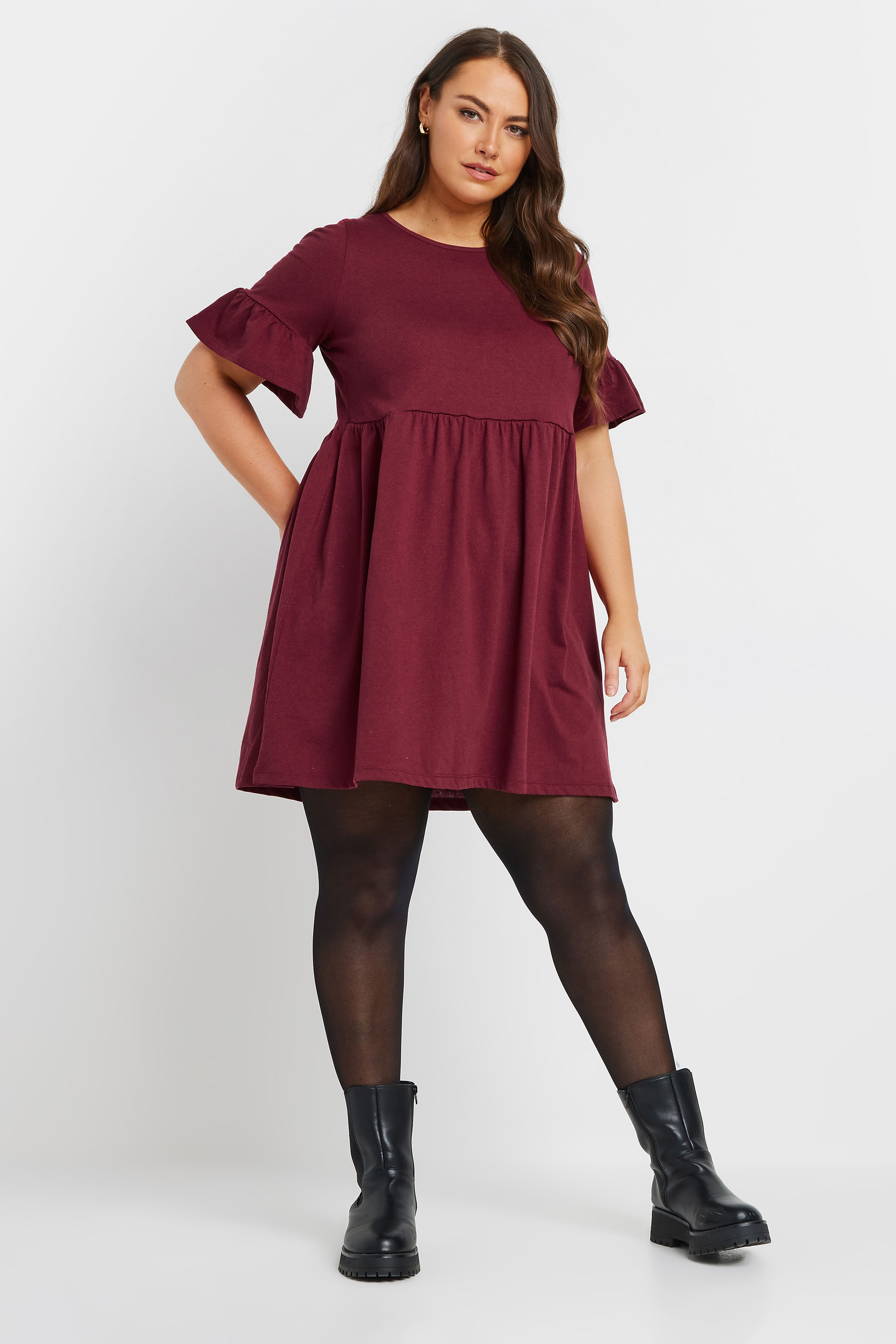 YOURS Plus Size Burgundy Red Frilled Sleeve Smock Dress | Yours Clothing  3