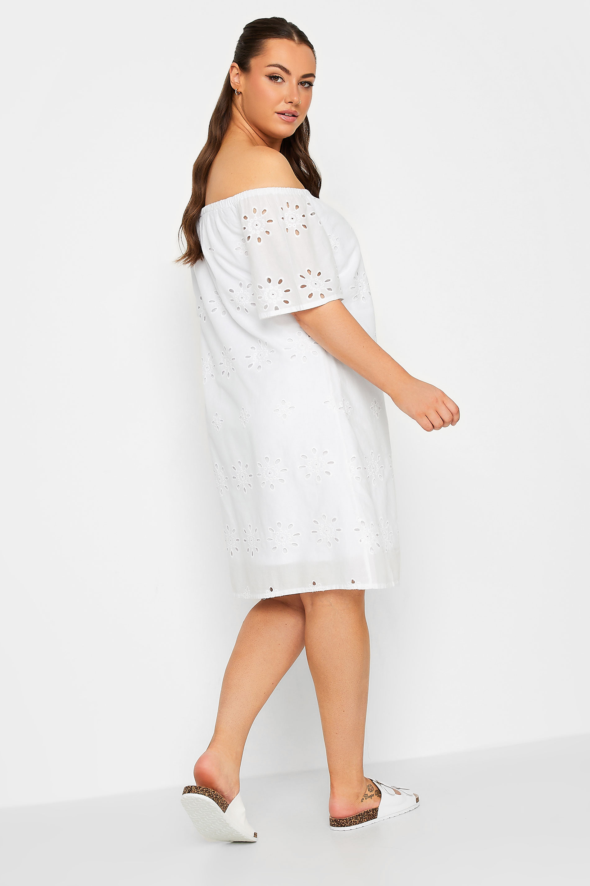 YOURS Plus Size White Broderie Anglaise Bardot Dress | Yours Clothing 3