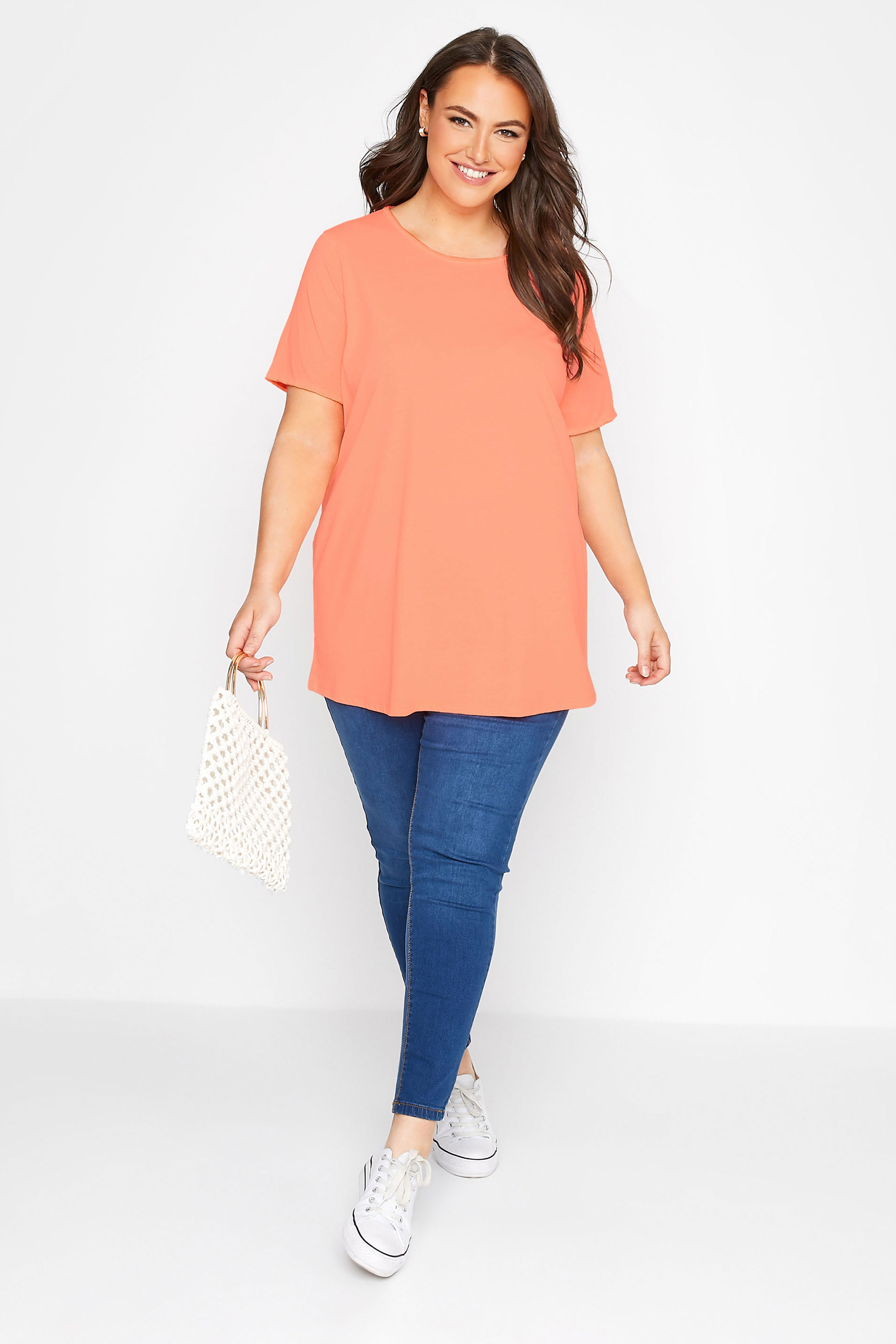 Grande taille  Tops Grande taille  T-Shirts Basiques & Débardeurs | T-Shirt Orange Basique en Jersey Manches Effilochées - VL49848