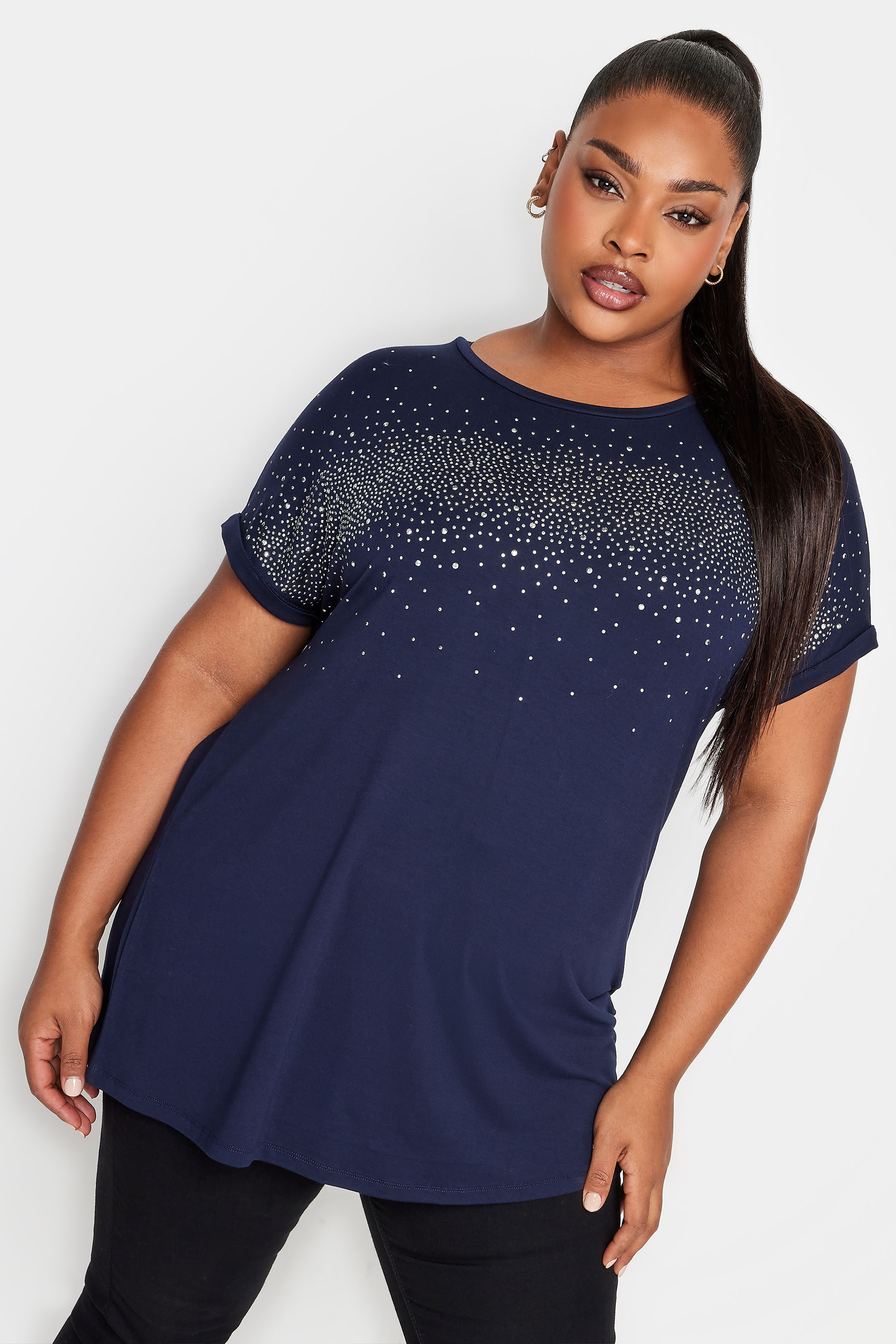 YOURS Plus Size Navy Blue Diamante Detail T-Shirt | Yours Clothing 1