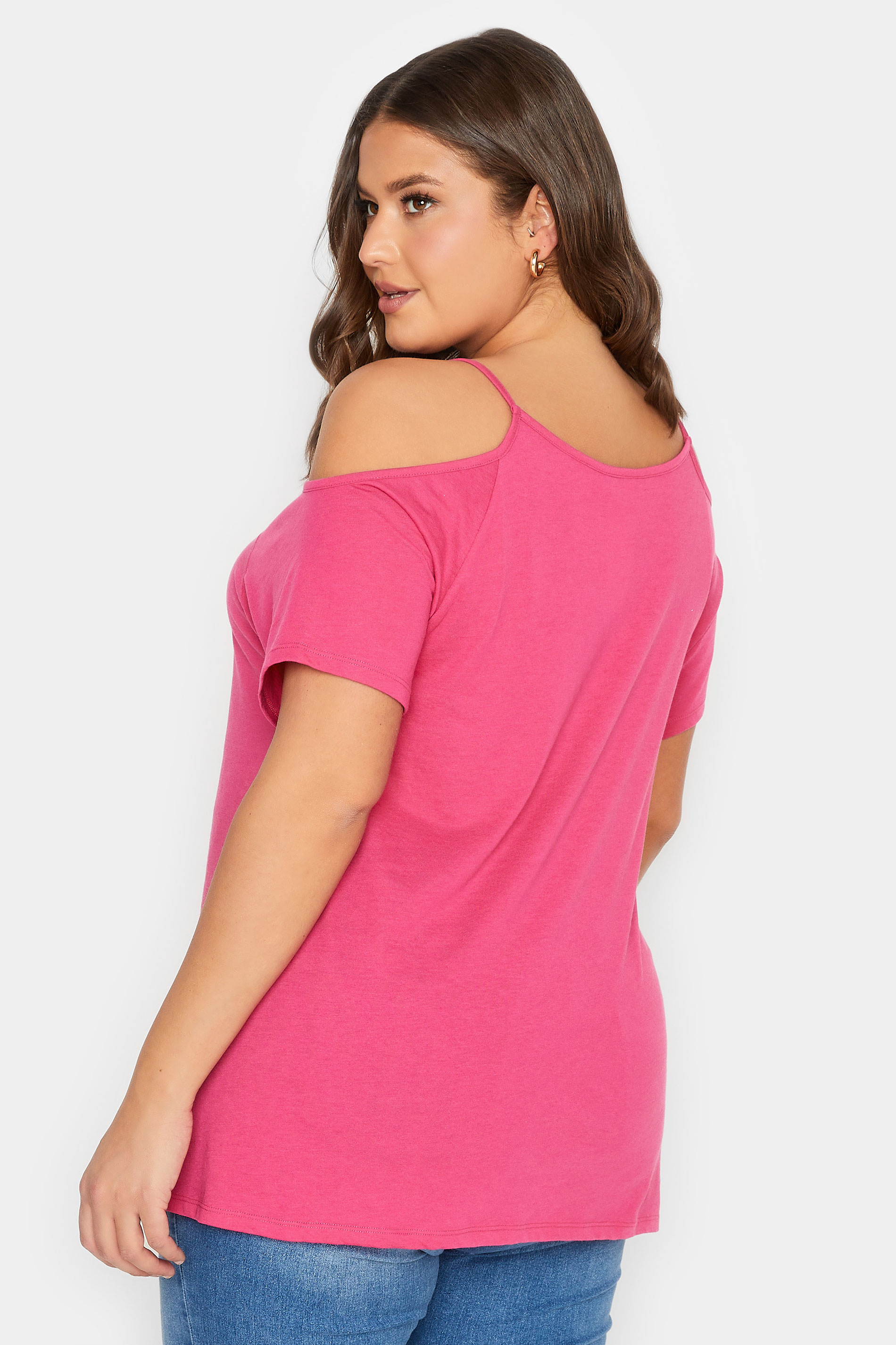 YOURS Curve Plus Size Hot Pink Cold Shoulder T-Shirt | Yours Clothing  3