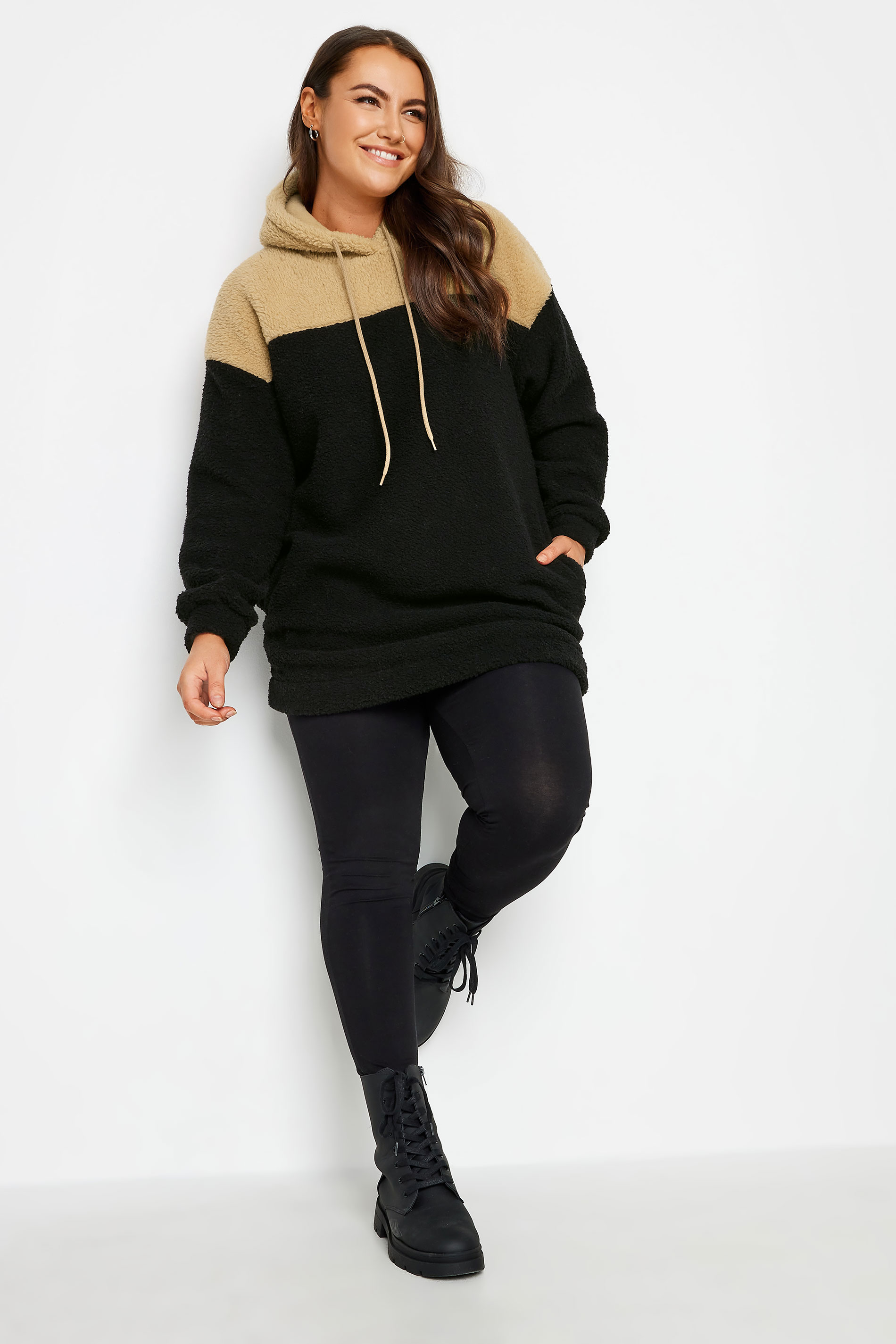 YOURS Plus Size Black & Brown Colour Block Teddy Hoodie | Yours Clothing 2