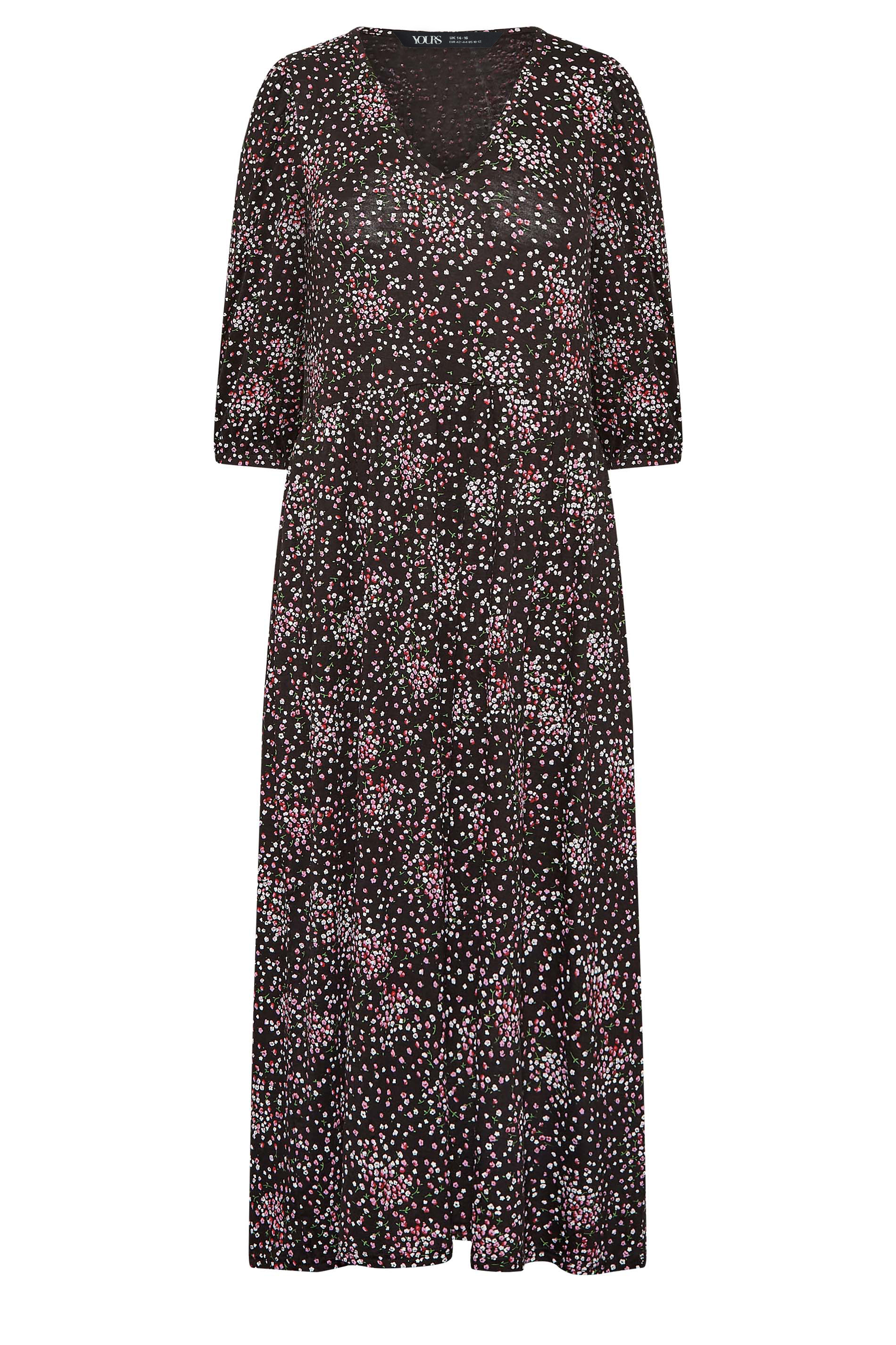 YOURS PETITE Plus Size Black & Pink Ditsy Print Midaxi Dress | Yours Clothing 1