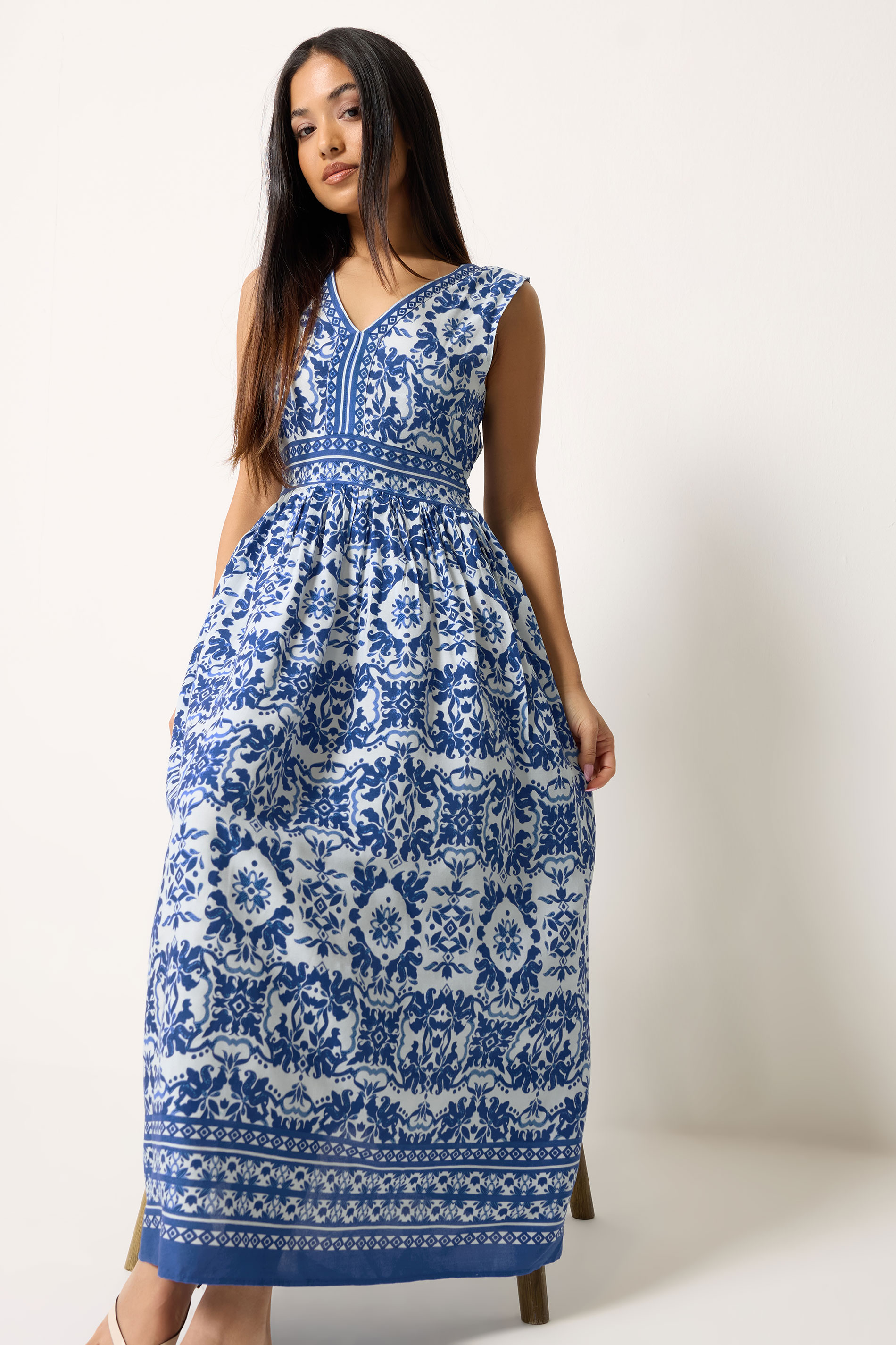 M&Co Petite Blue & White Paisley Tiered Maxi Dress | M&Co 1