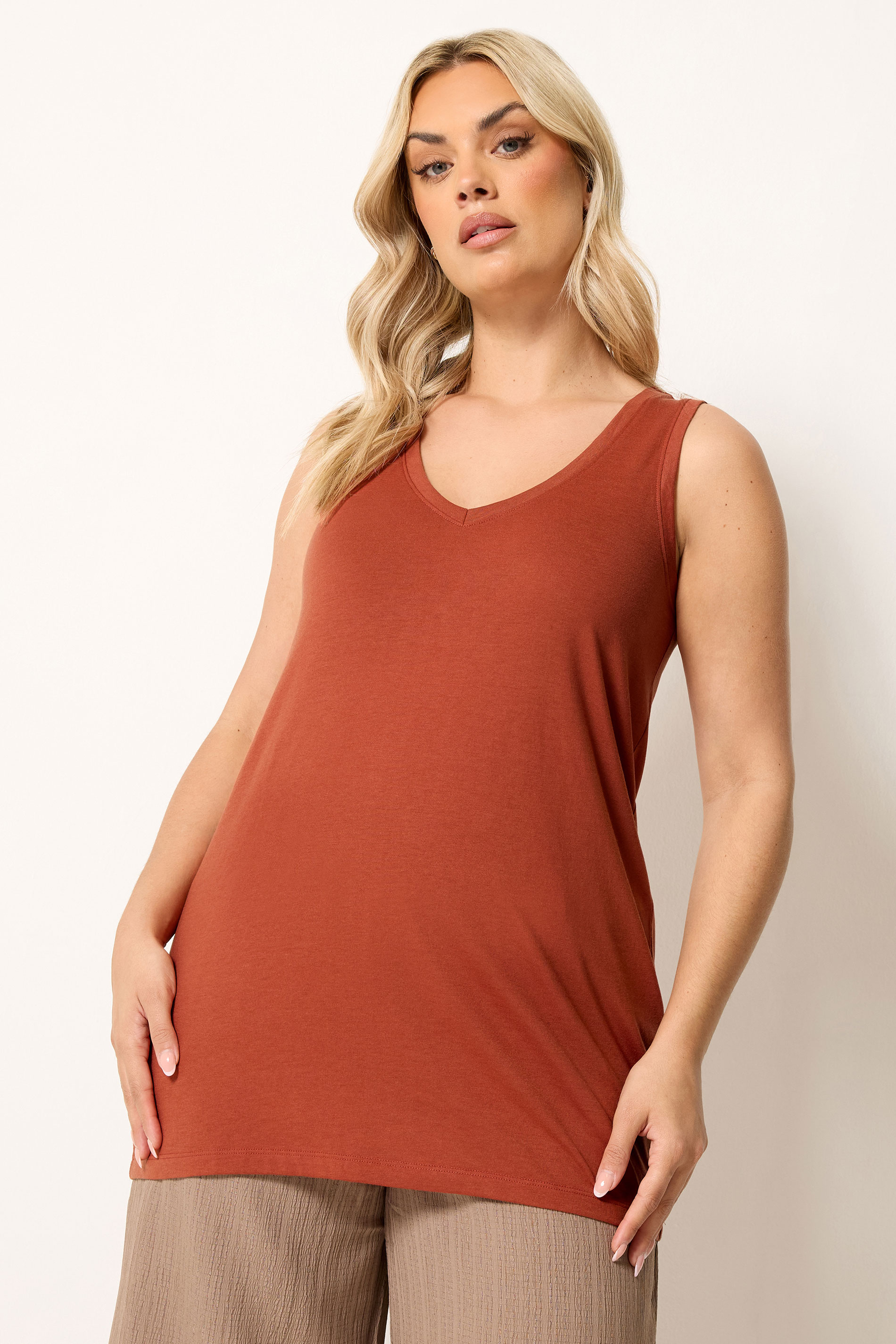 YOURS Plus Size Burnt Orange V-Neck Vest Top | Yours Clothing 3